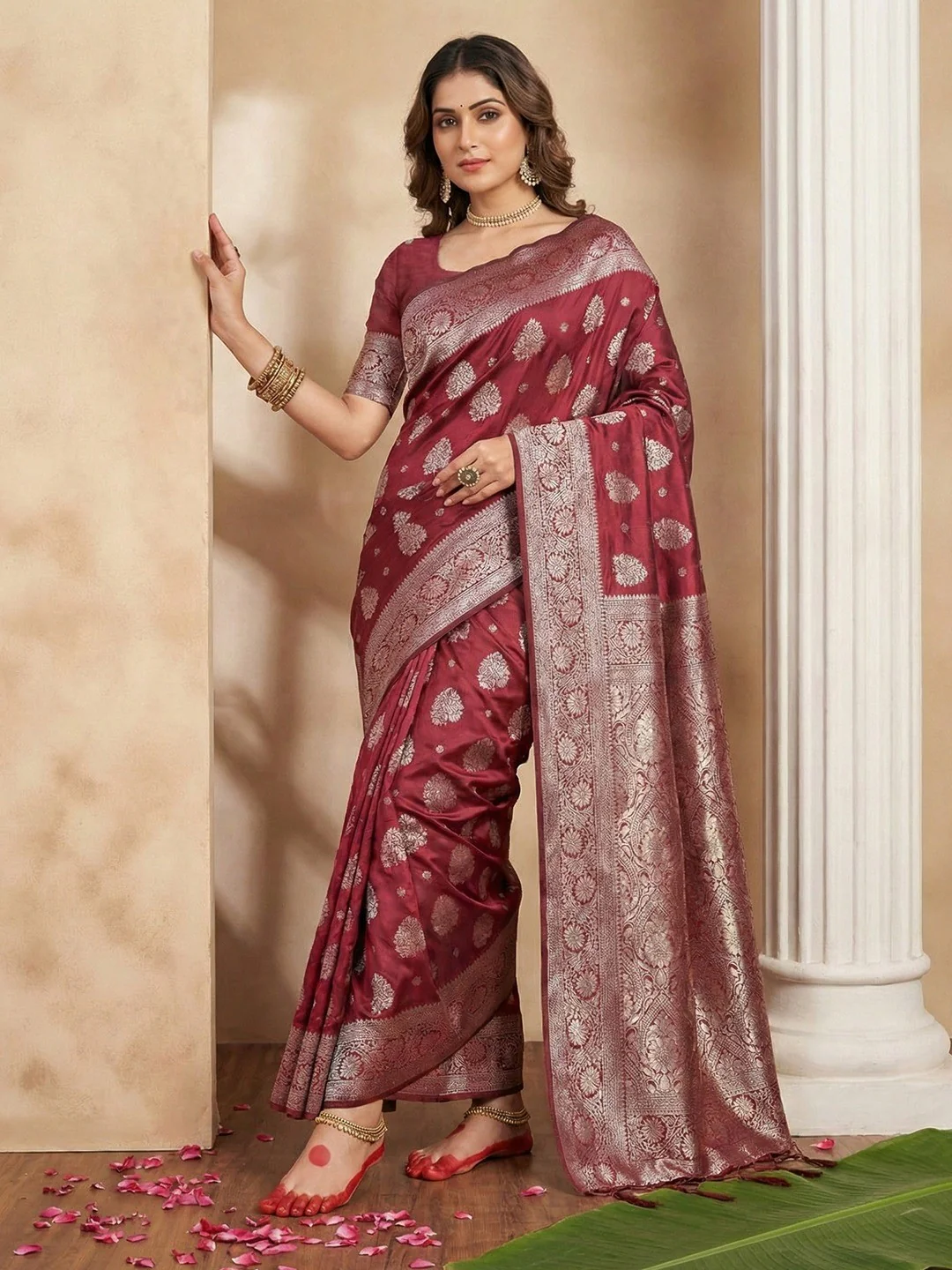 Elegant Maroon Banarasi Silk Saree Featuring Intricate Floral Weaving With Graceful Tassel Pallu