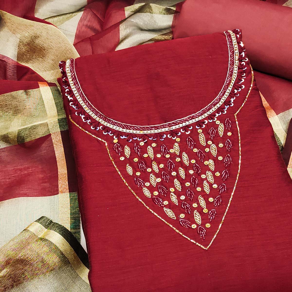 Elegant Maroon Beads & Sequins Handwork Chanderi Cotton Dress Material With Weaving Striped Pattern - Image 2