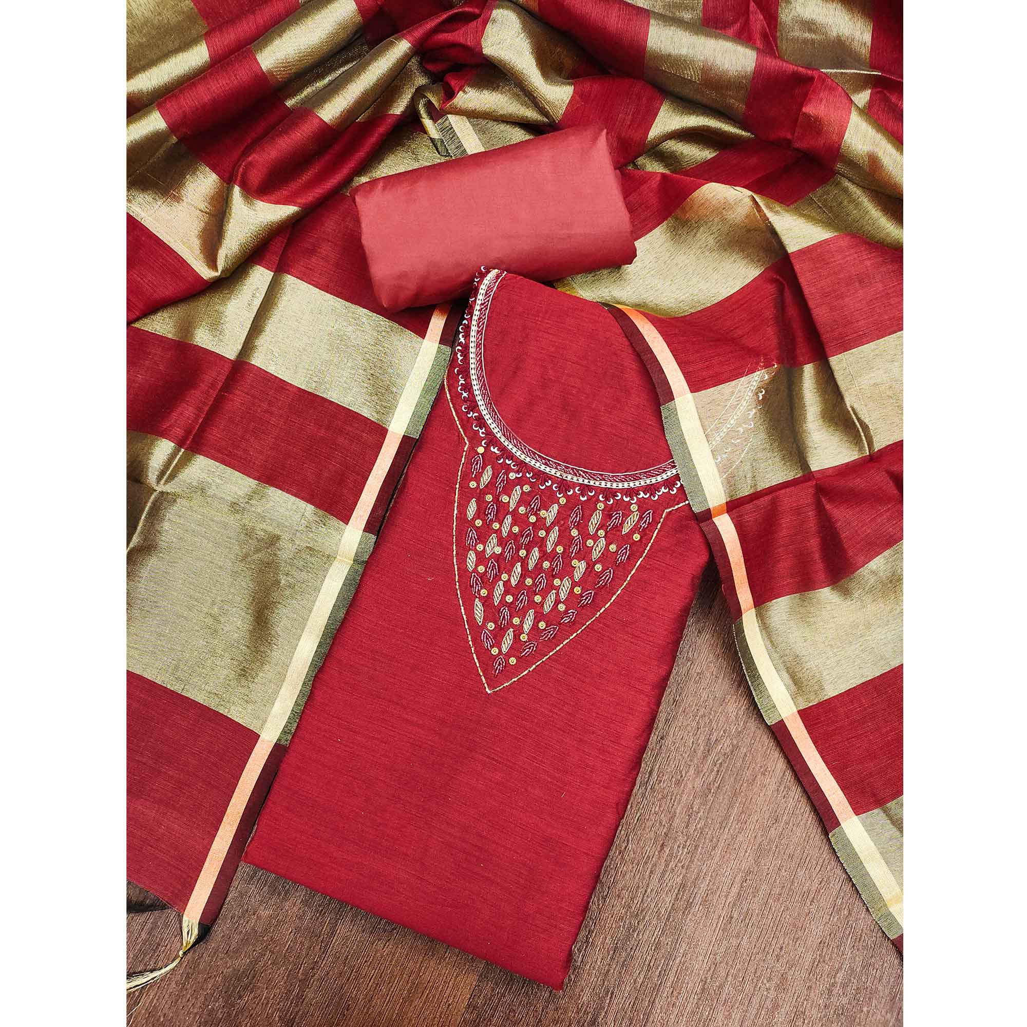 Elegant Maroon Beads & Sequins Handwork Chanderi Cotton Dress Material With Weaving Striped Pattern - Image 3