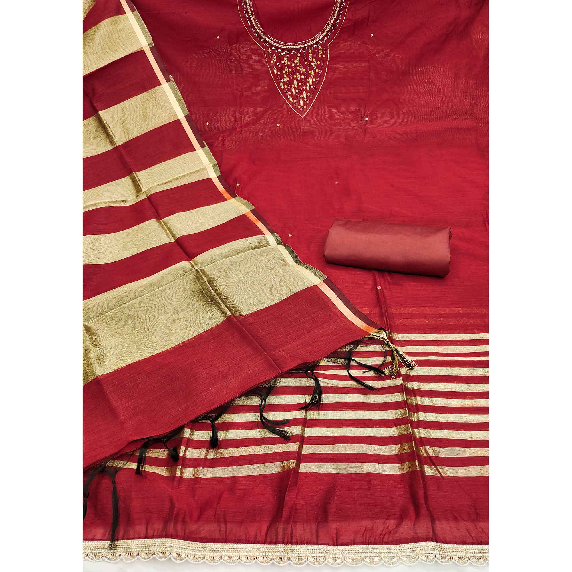 Elegant Maroon Beads & Sequins Handwork Chanderi Cotton Dress Material With Weaving Striped Pattern - Image 4