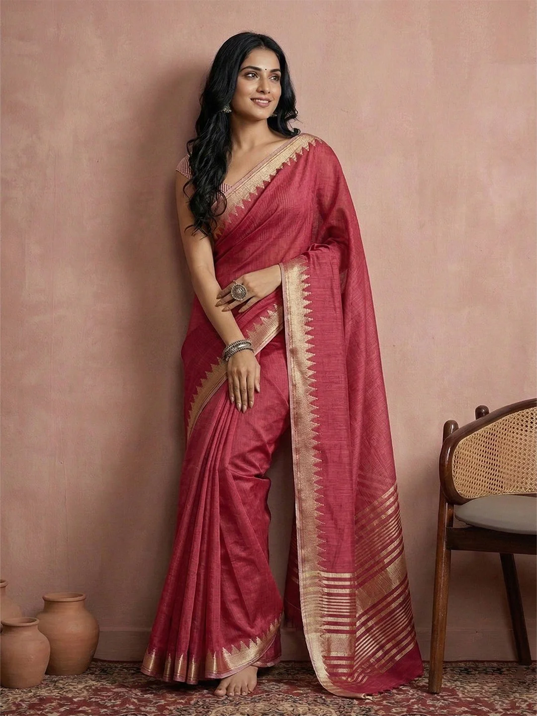 Elegant Maroon Cotton Silk Saree with Golden Border Detailing