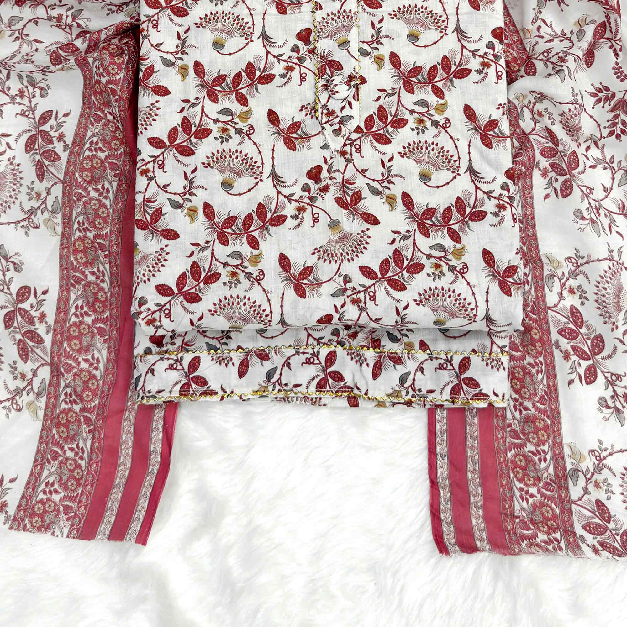 Elegant Maroon Floral Printed Pure Cotton Dress Material With Tie Neck & Fancy Button - Image 4