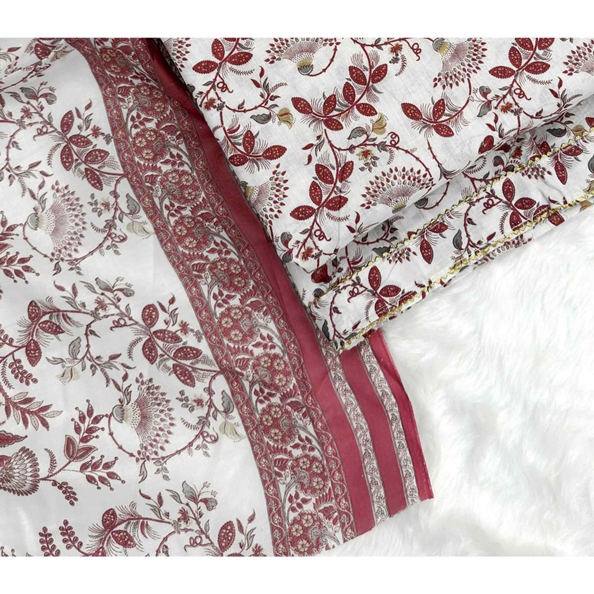 Elegant Maroon Floral Printed Pure Cotton Dress Material With Tie Neck & Fancy Button - Image 5