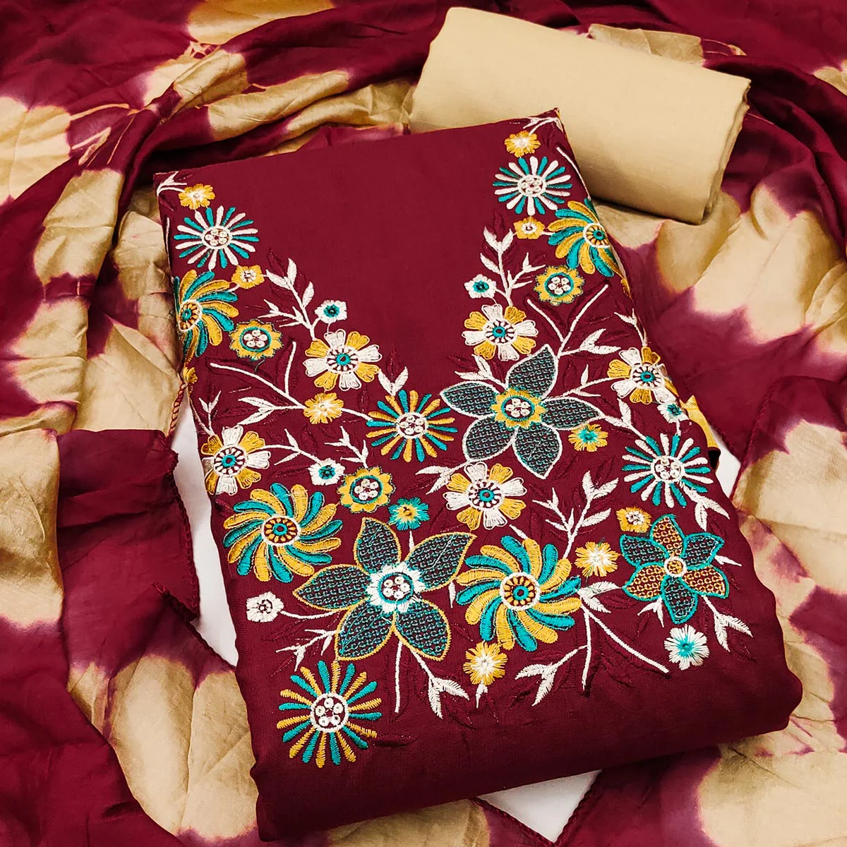Elegant Maroon Floral Thread Embroidered Cotton Blend Dress Material With Gota Patti Work - Image 2