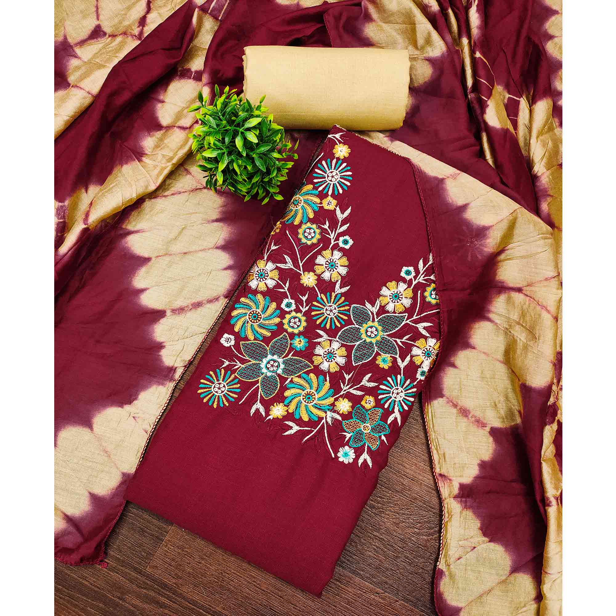Elegant Maroon Floral Thread Embroidered Cotton Blend Dress Material With Gota Patti Work - Image 3