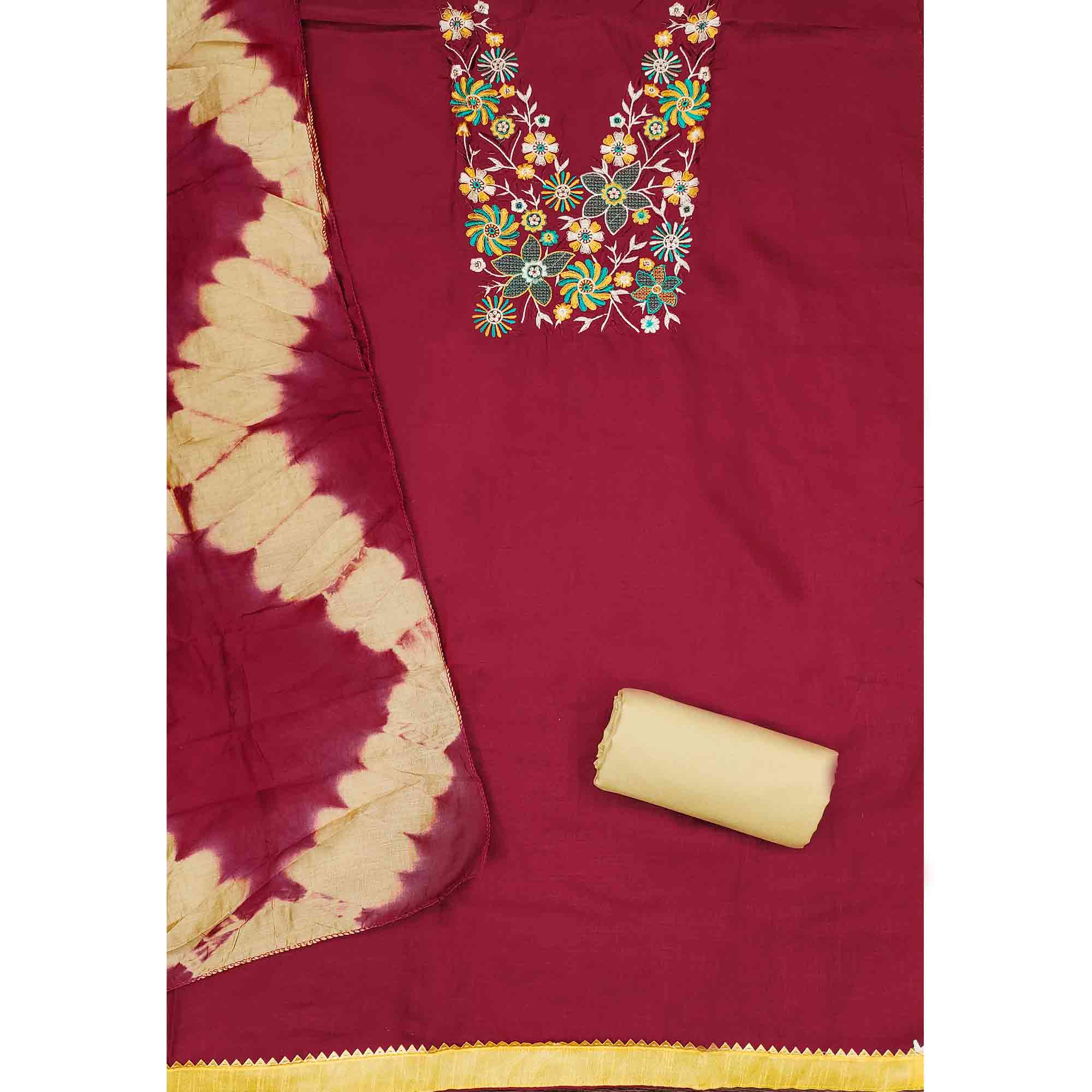 Elegant Maroon Floral Thread Embroidered Cotton Blend Dress Material With Gota Patti Work - Image 4