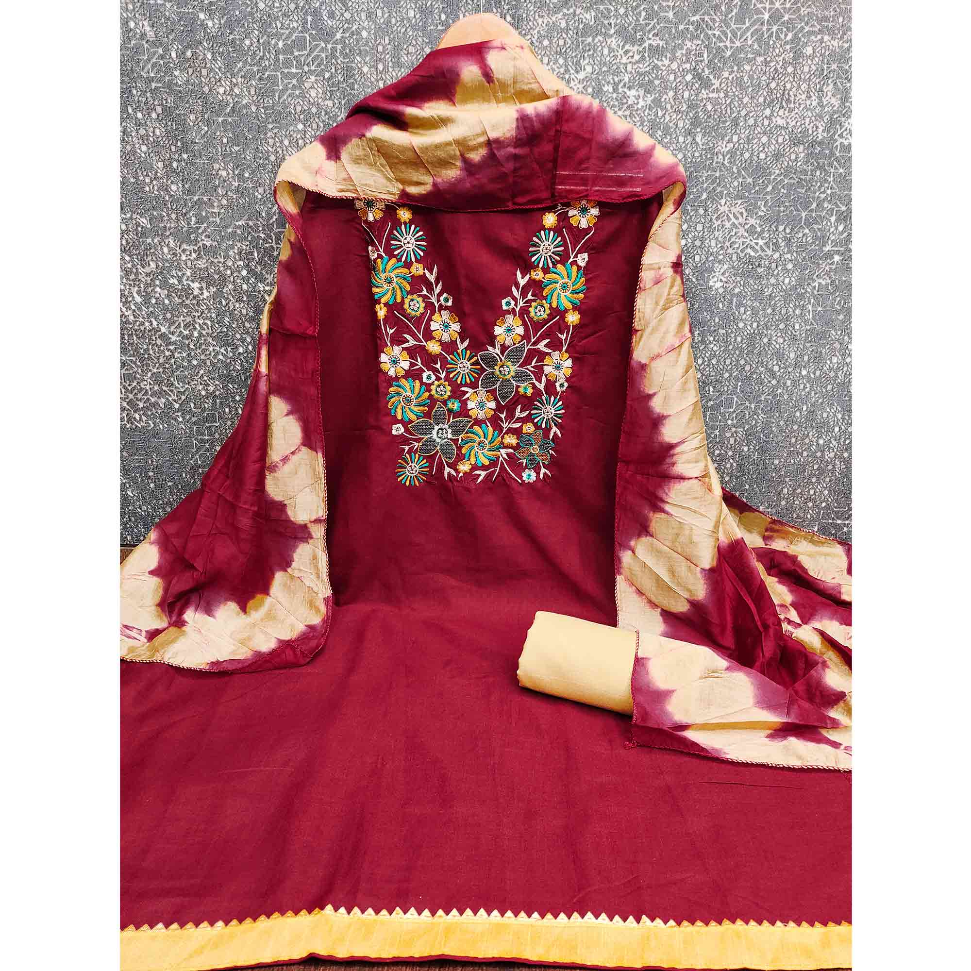 Elegant Maroon Floral Thread Embroidered Cotton Blend Dress Material With Gota Patti Work - Image 5