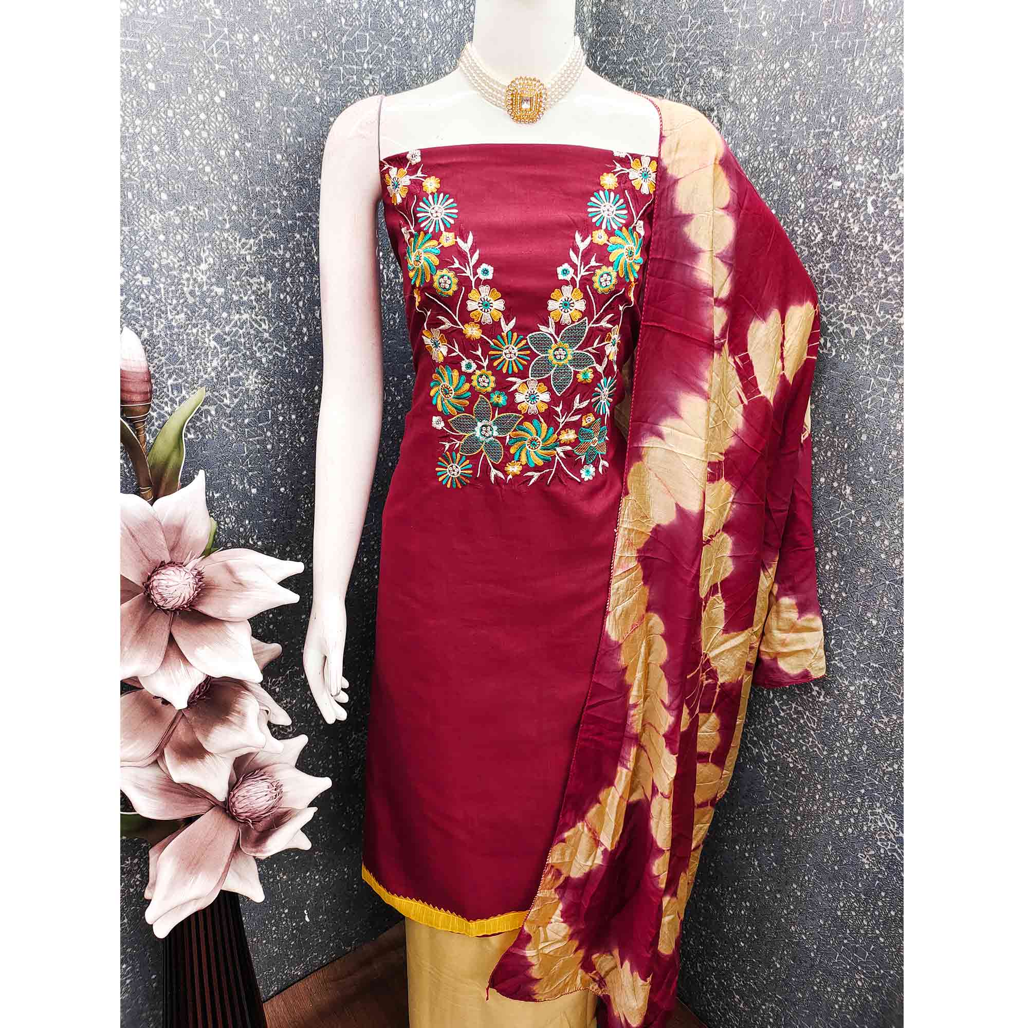 Elegant Maroon Floral Thread Embroidered Cotton Blend Dress Material With Gota Patti Work - Image 7