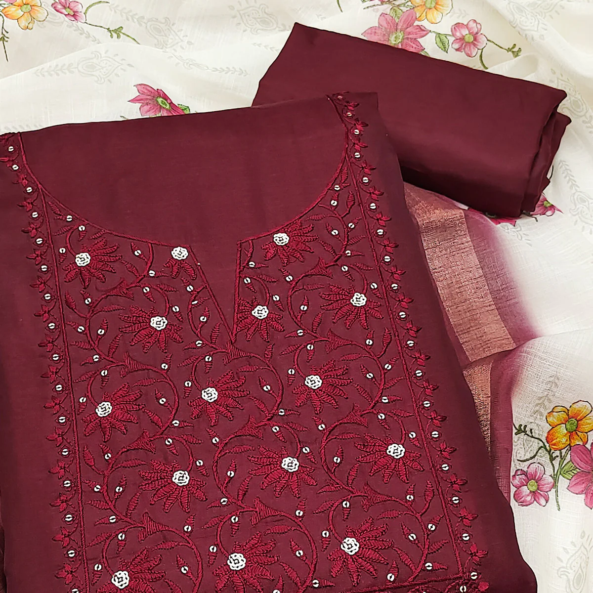 Elegant Maroon Floral Thread Embroidered Tussar Silk Dress Material Adorned with Sequins Work - Image 2