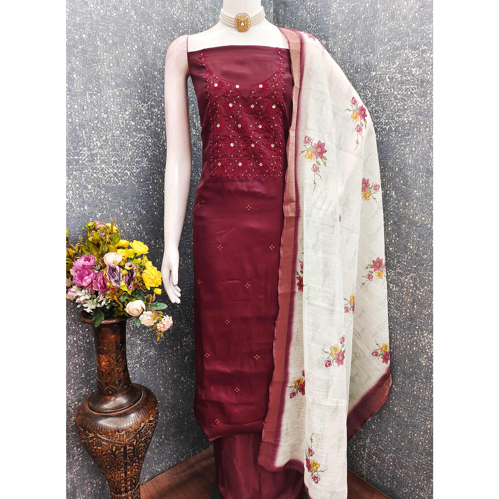Elegant Maroon Floral Thread Embroidered Tussar Silk Dress Material Adorned with Sequins Work - Image 3