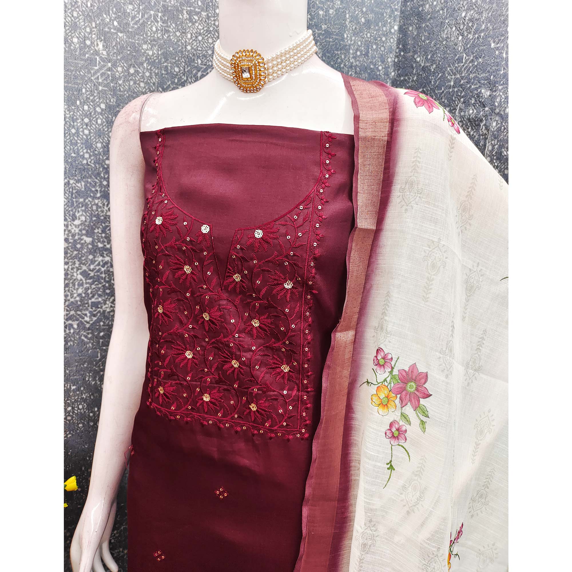 Elegant Maroon Floral Thread Embroidered Tussar Silk Dress Material Adorned with Sequins Work - Image 4