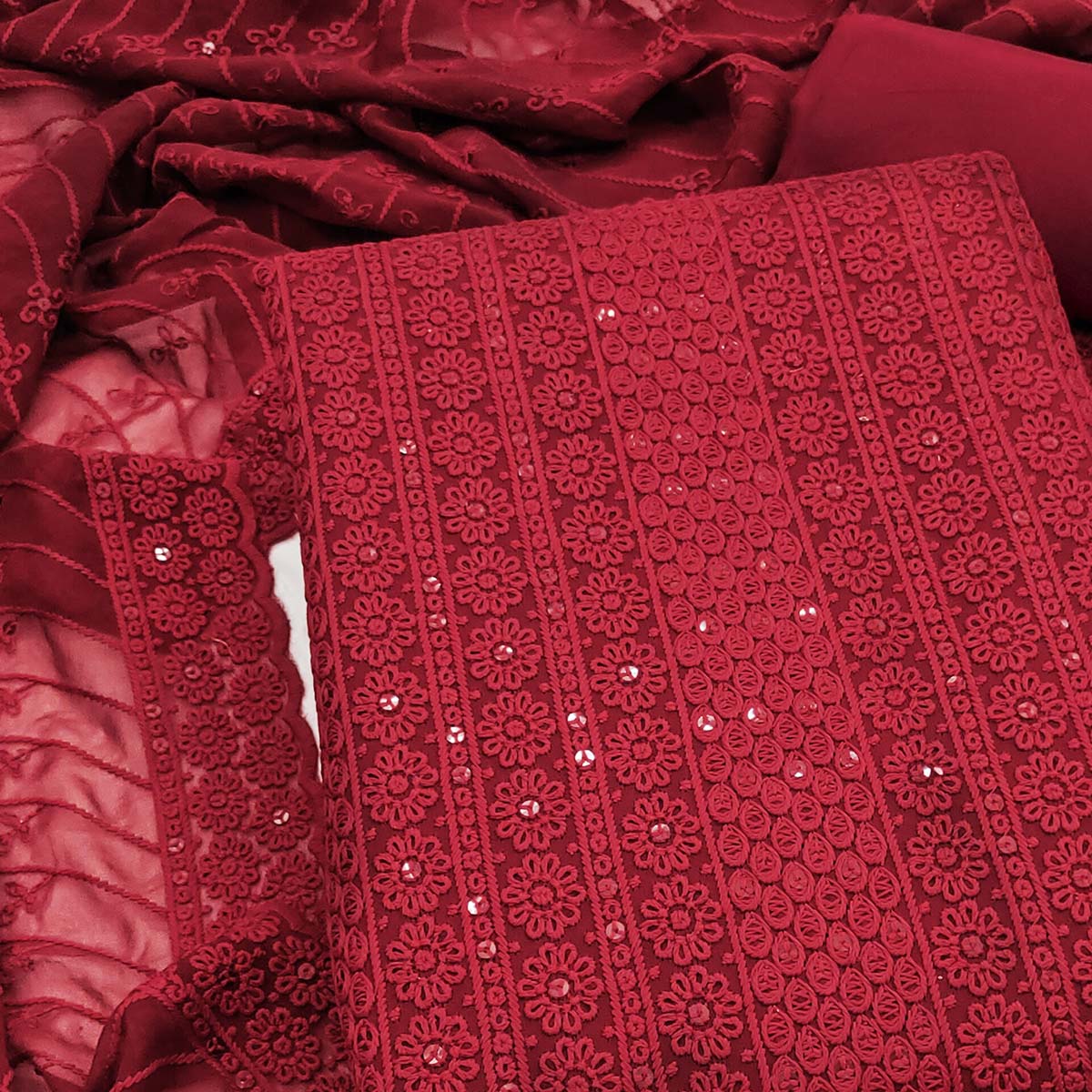 Elegant Maroon Floral Thread Embroidered With Sequins Work Georgette Dress Material - Image 2