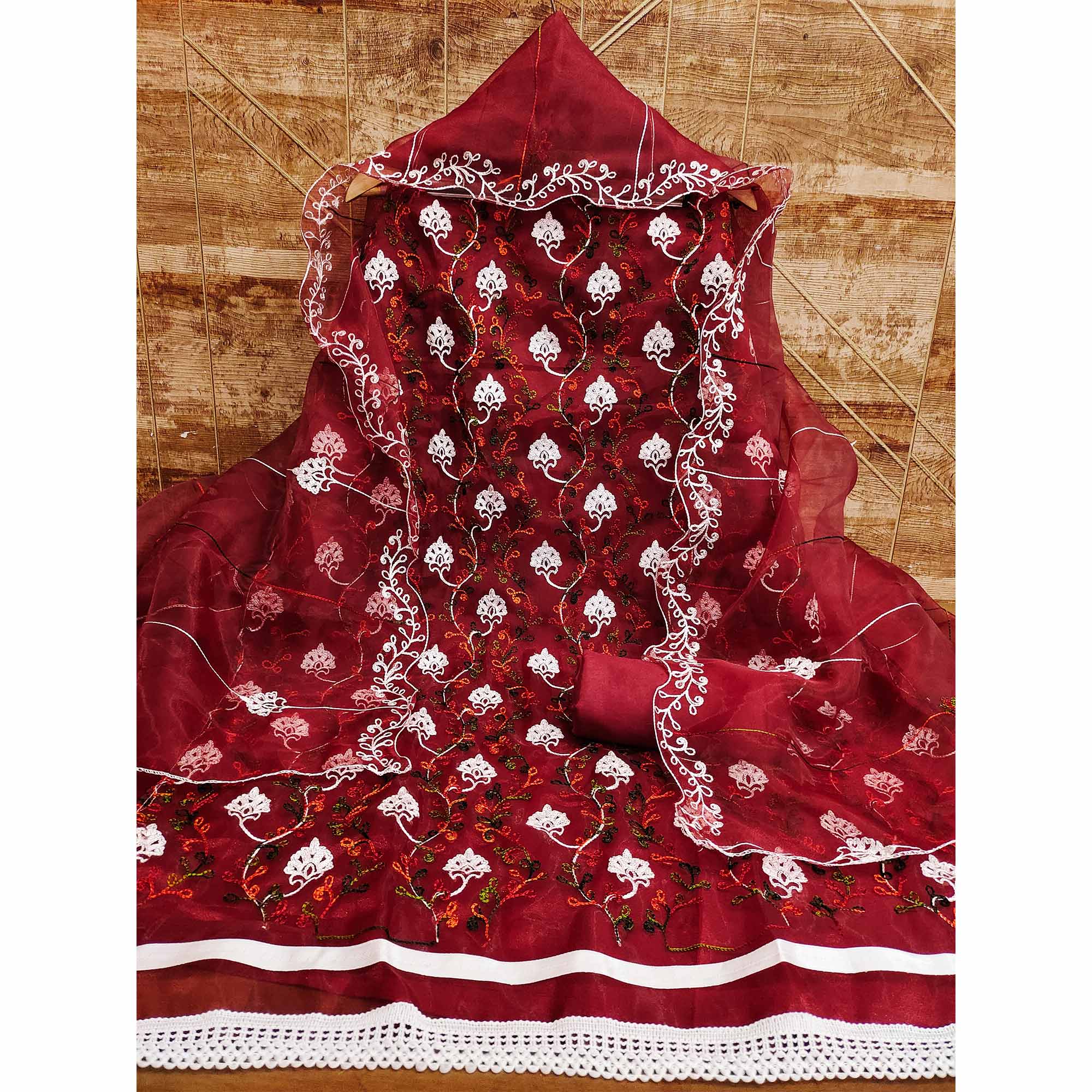 Elegant Maroon Organza Dress Material Ensemble With Exquisite Floral Embroidery - Image 3