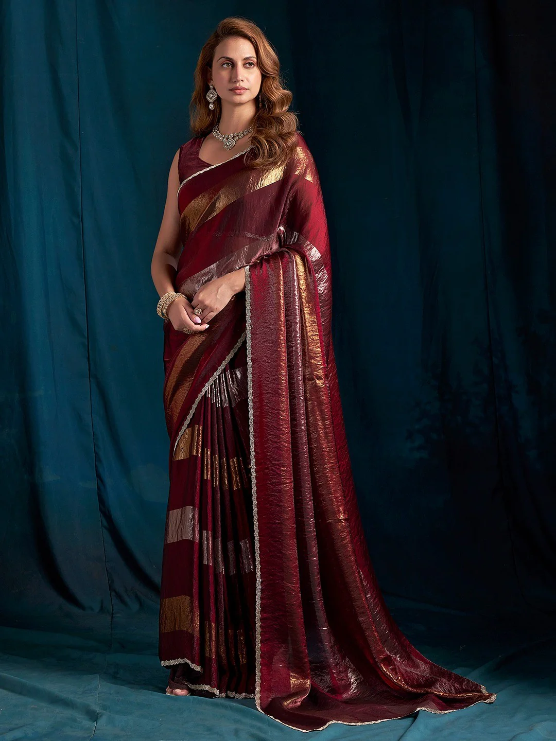 Elegant Maroon Satin Silk Saree Featuring Striped Foil Printed Design & Stone Work Border
