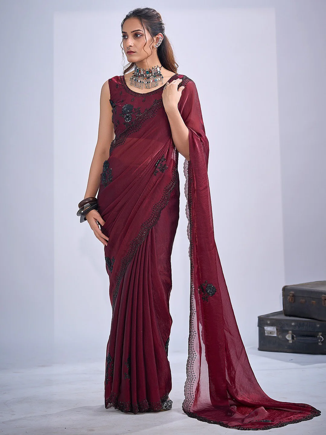 Elegant Maroon Satin Silk Saree With Stonework Combined With Cut Dana & Sequin Applic Design