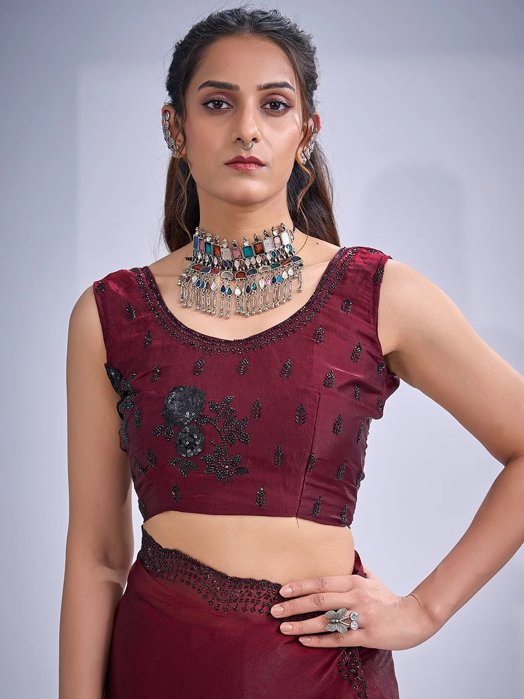 Elegant Maroon Satin Silk Saree With Stonework Combined With Cut Dana & Sequin Applic Design - Image 2