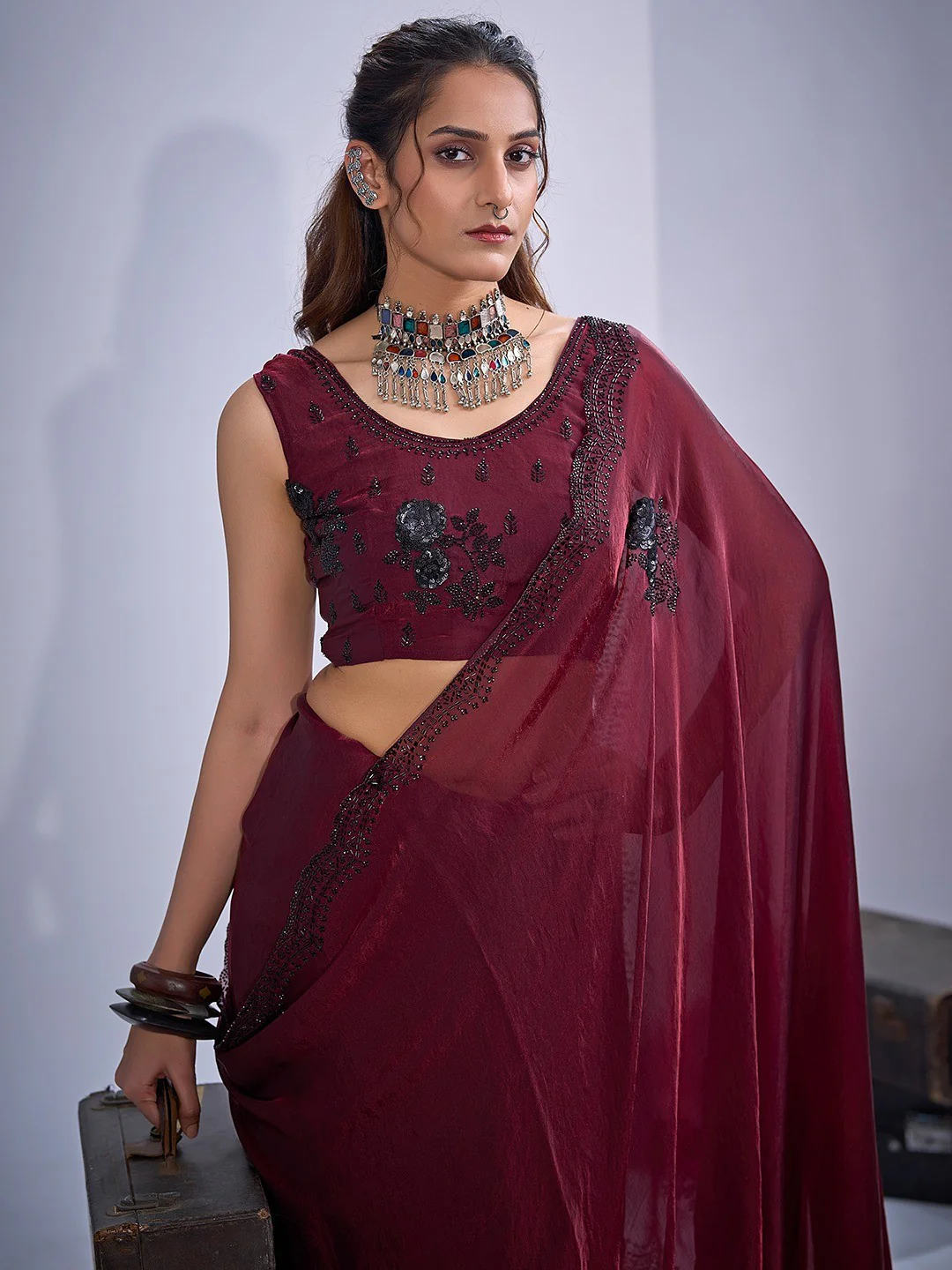 Elegant Maroon Satin Silk Saree With Stonework Combined With Cut Dana & Sequin Applic Design - Image 3