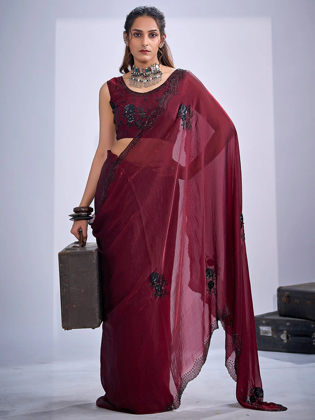 Elegant Maroon Satin Silk Saree With Stonework Combined With Cut Dana & Sequin Applic Design - Image 6