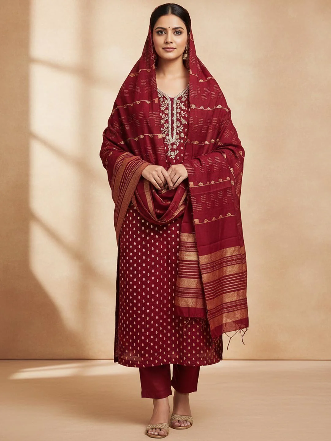 Elegant Maroon Sequins Embroidered Chanderi Jacquard Dress Material With Beads & Moti Handwork
