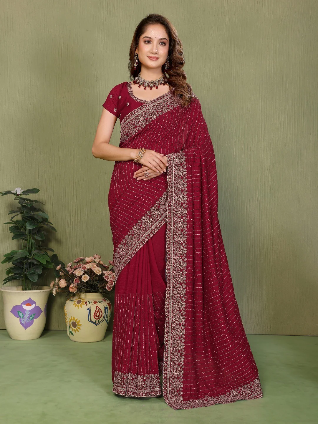 Elegant Maroon Stone & Embroidery Work Vichitra Silk Saree