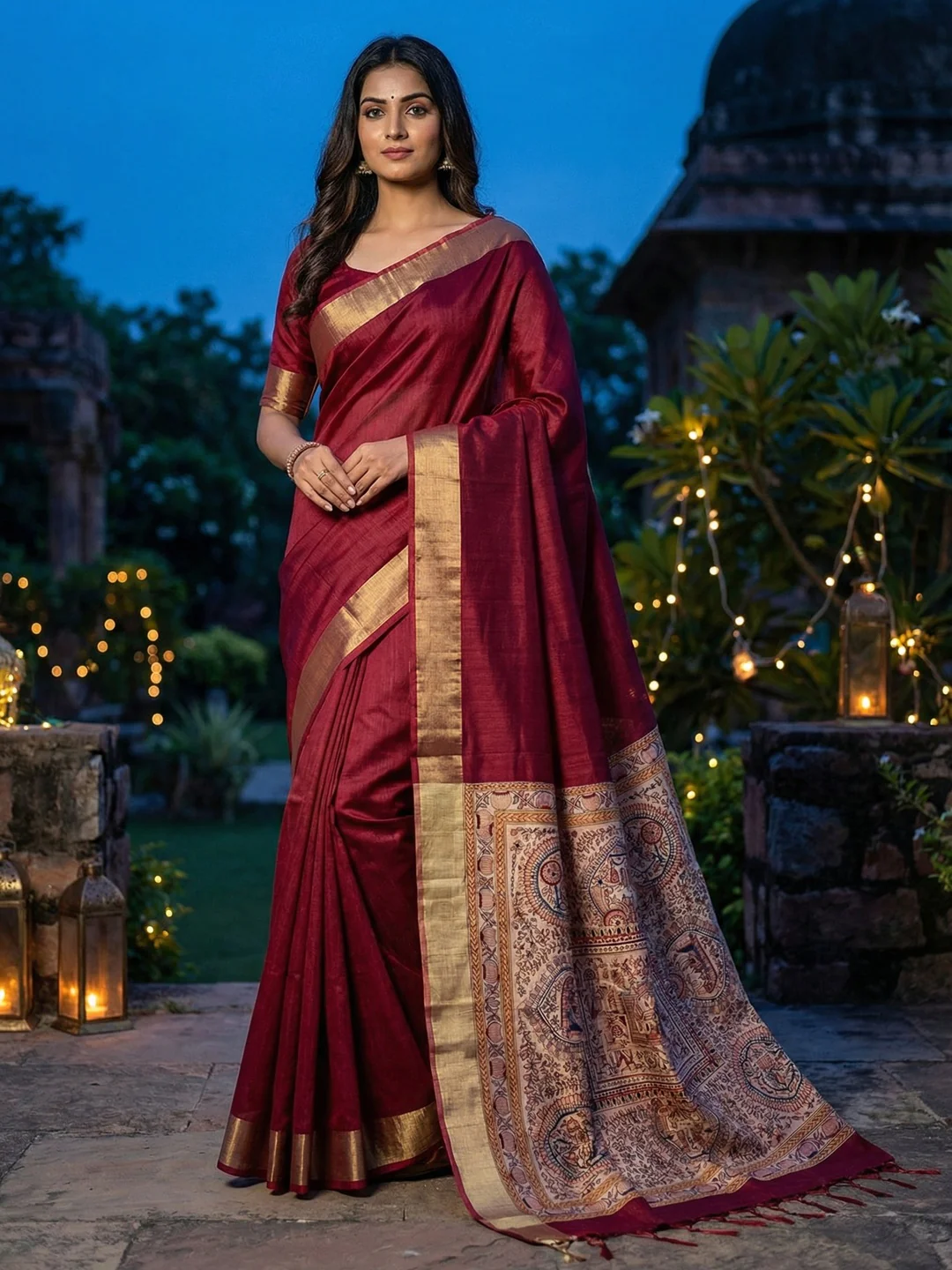 Elegant Maroon Tussar Silk Saree with Golden Border