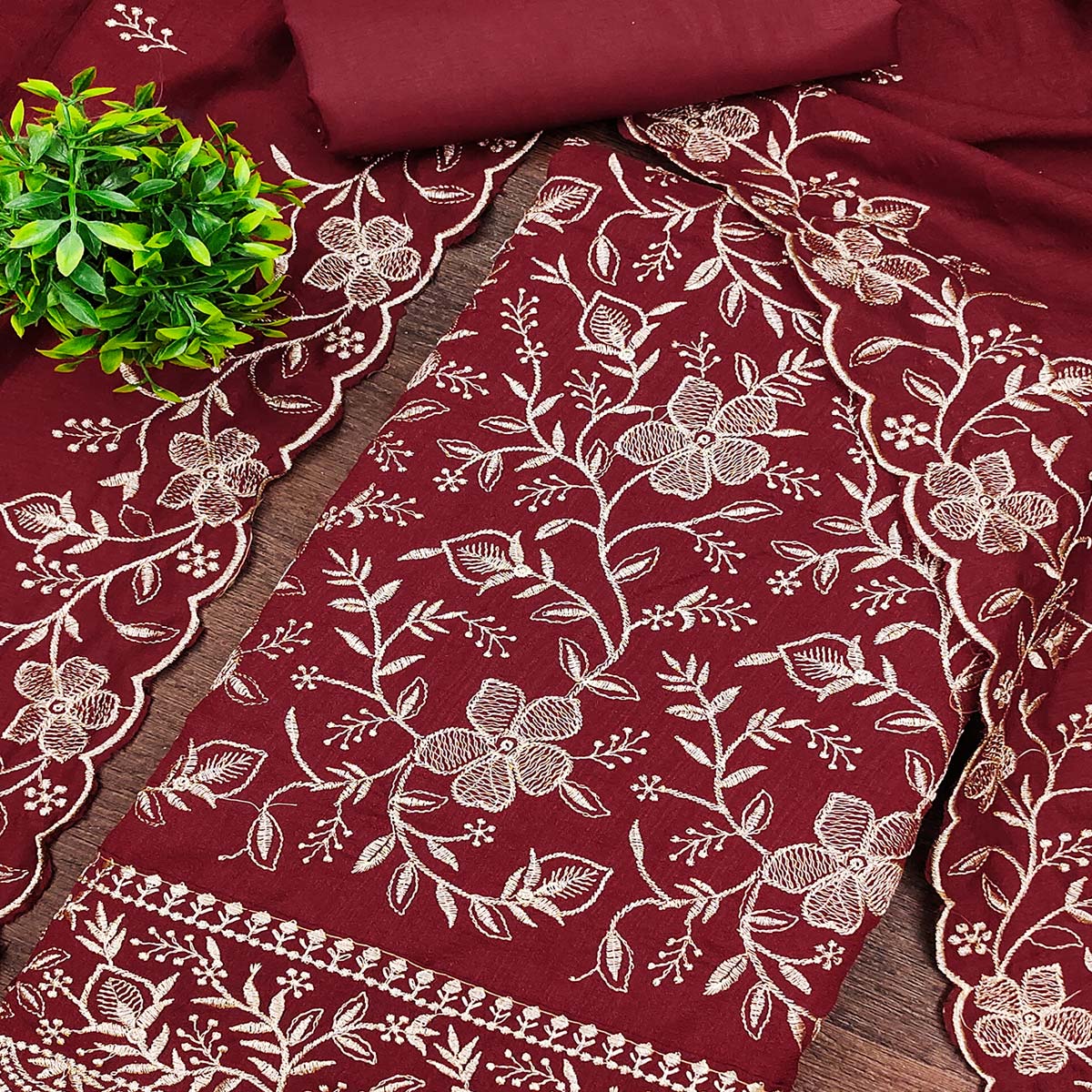 Elegant Maroon Vichitra Silk Dress Material Adorned With Exquisite Floral Zari Embroidery Work - Image 2