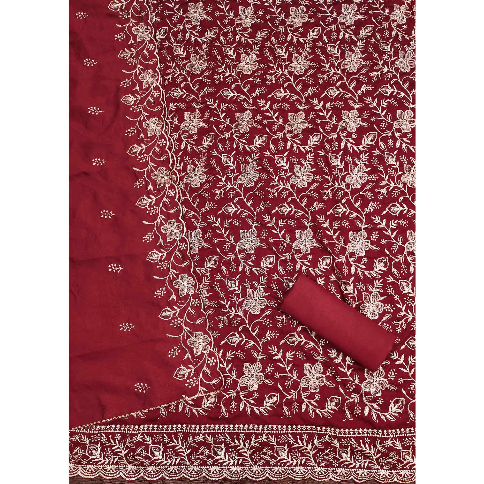 Elegant Maroon Vichitra Silk Dress Material Adorned With Exquisite Floral Zari Embroidery Work - Image 3