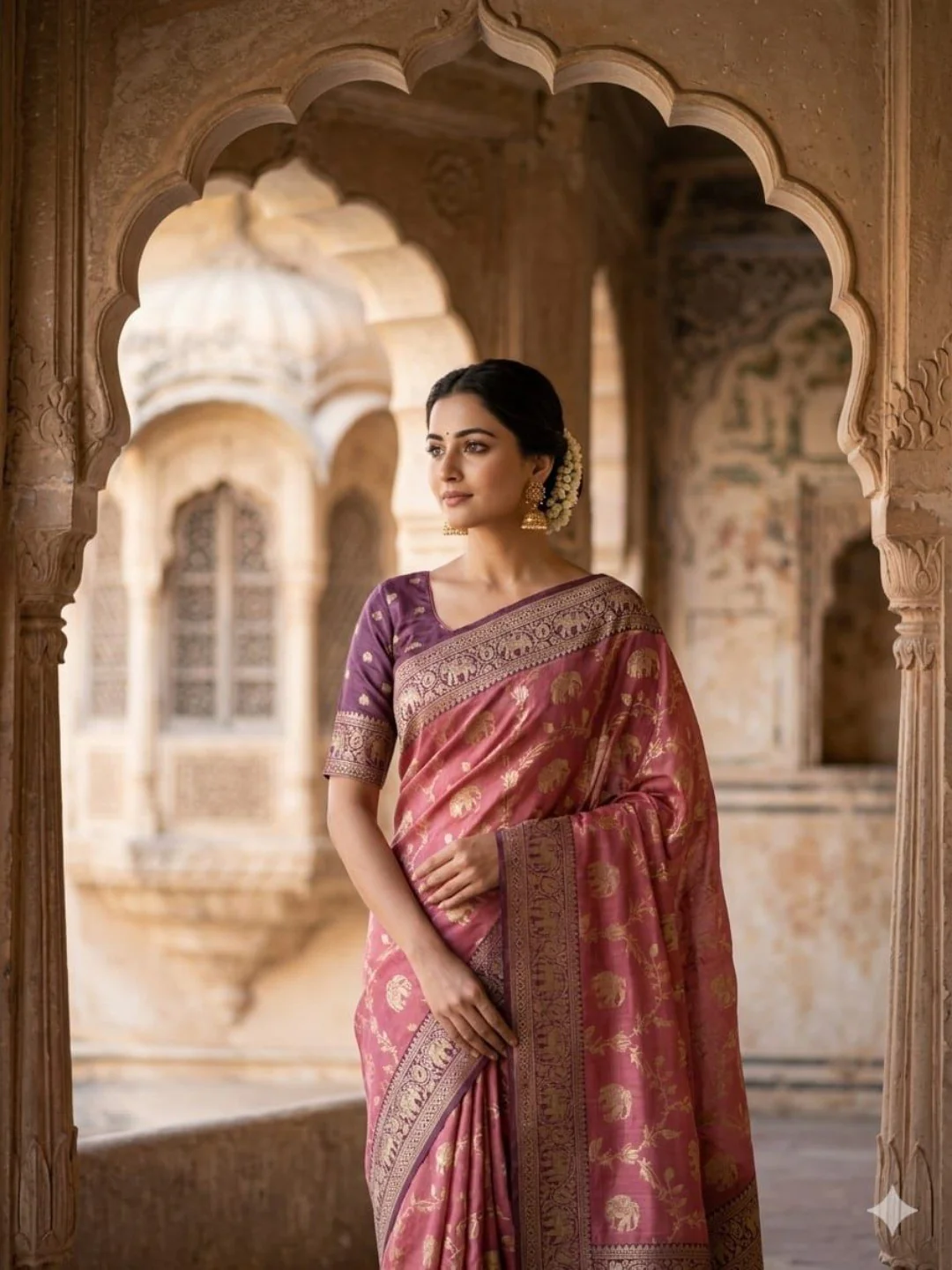 Elegant Mauve Silk Blend Woven Zari Saree with Intricate Elephant Motifs - Image 3