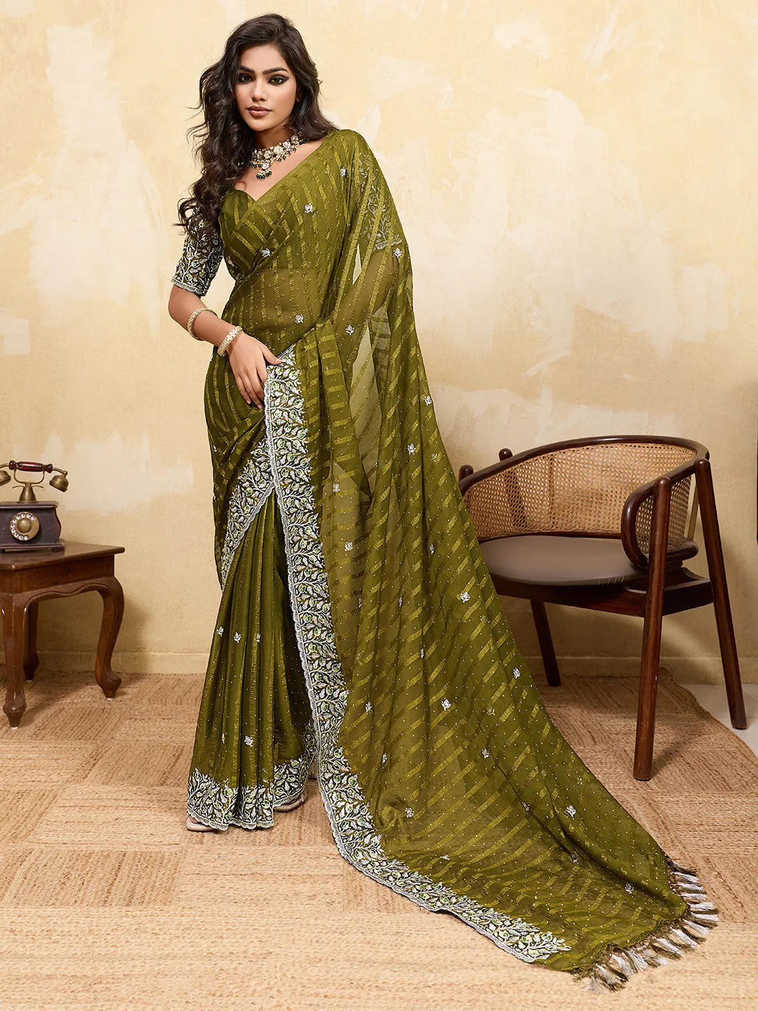 Elegant Mehendi Green Chiffon Saree Adorned With Floral Embroidery & Shimmering Swarovski Work - Image 2