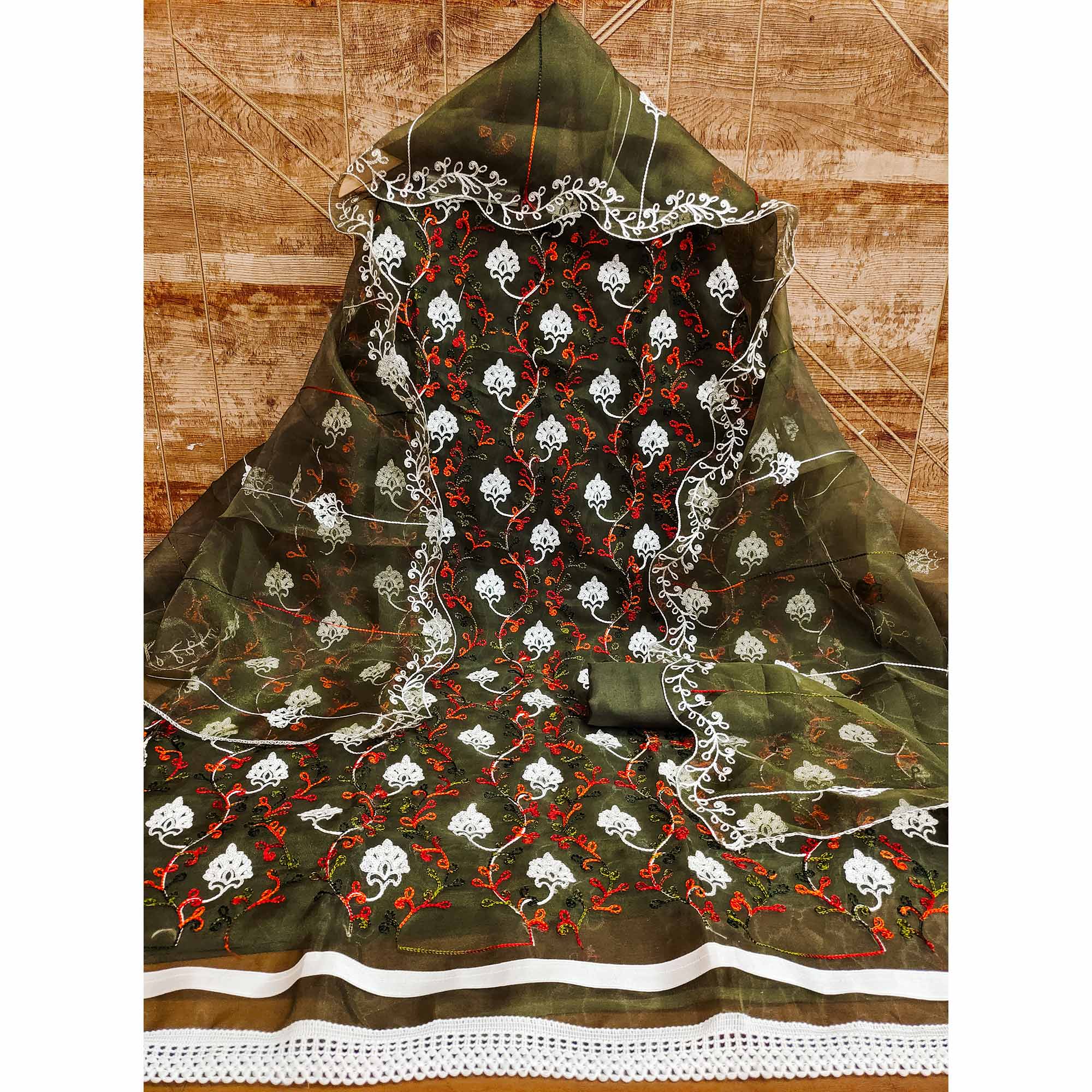 Elegant Mehendi Green Organza Dress Material Ensemble With Exquisite Floral Embroidery - Image 3