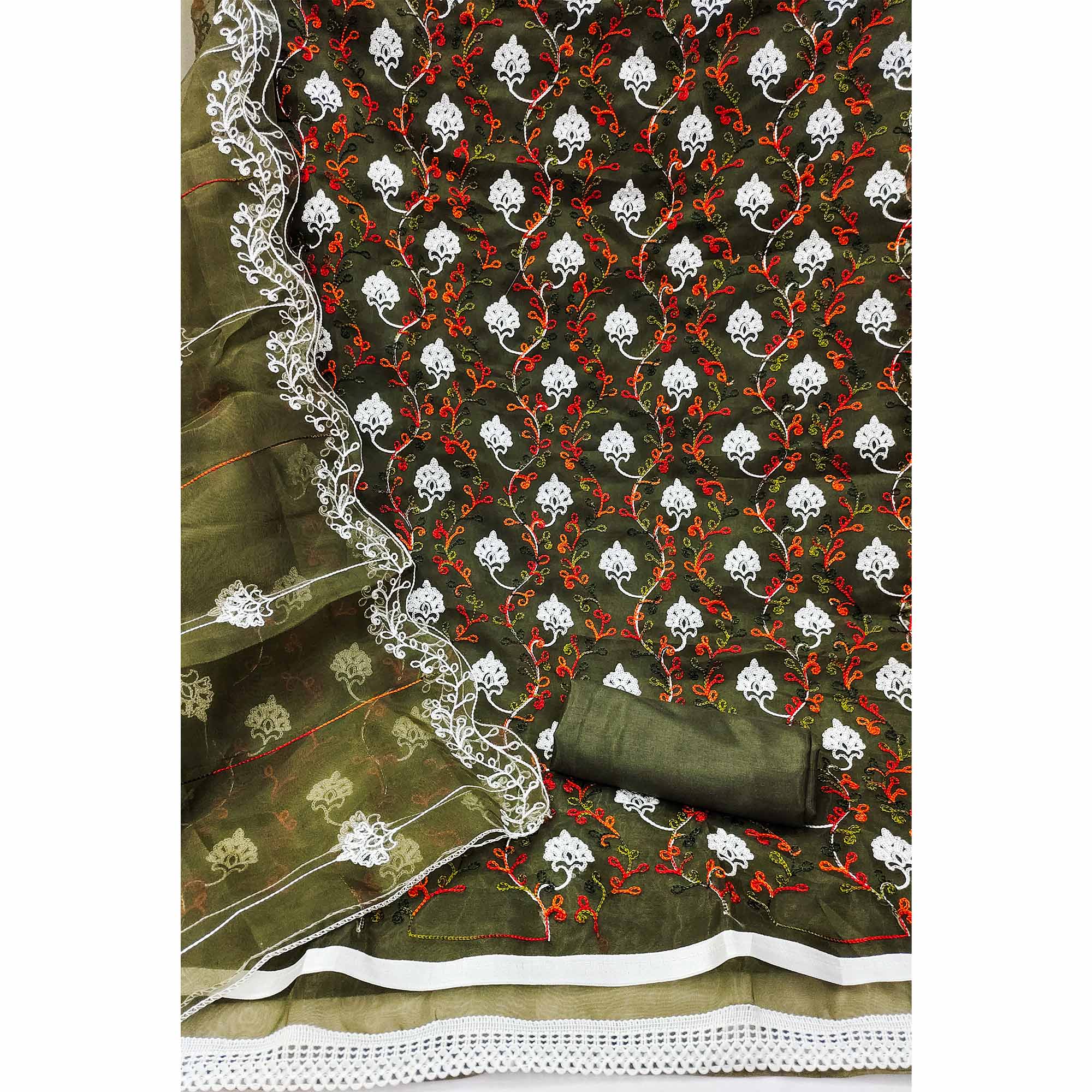 Elegant Mehendi Green Organza Dress Material Ensemble With Exquisite Floral Embroidery - Image 4