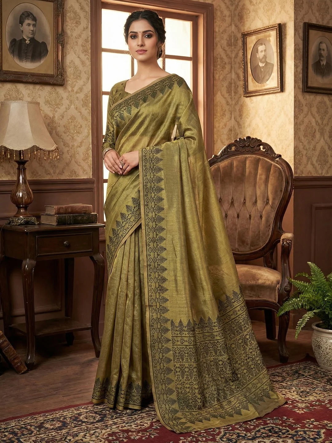 Elegant Mehendi Green Tissue Linen Saree with Weaving Border Design