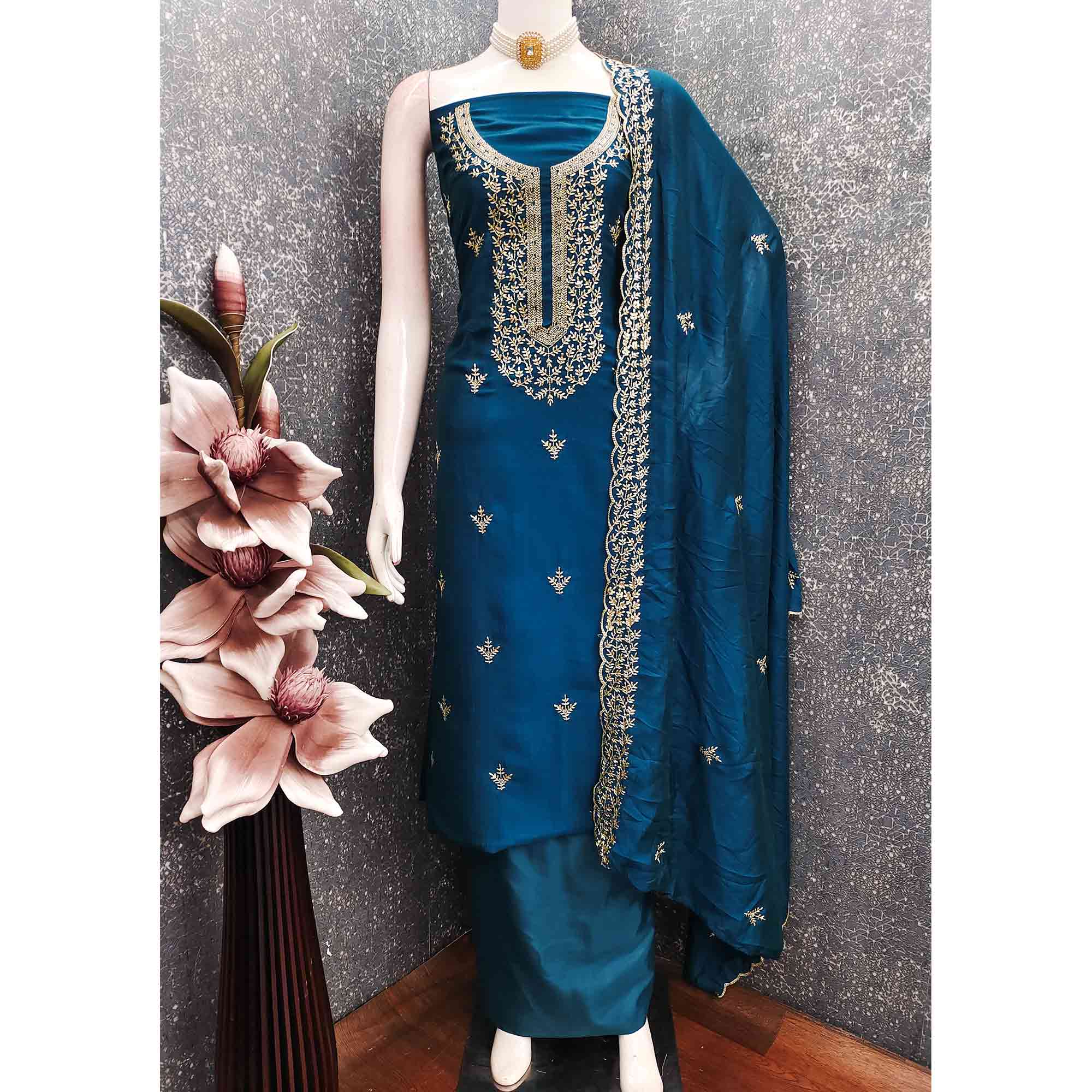 Elegant Morpich Blue Zari Embroidery & Sequins Embellished Vichitra Silk Dress Material - Image 3
