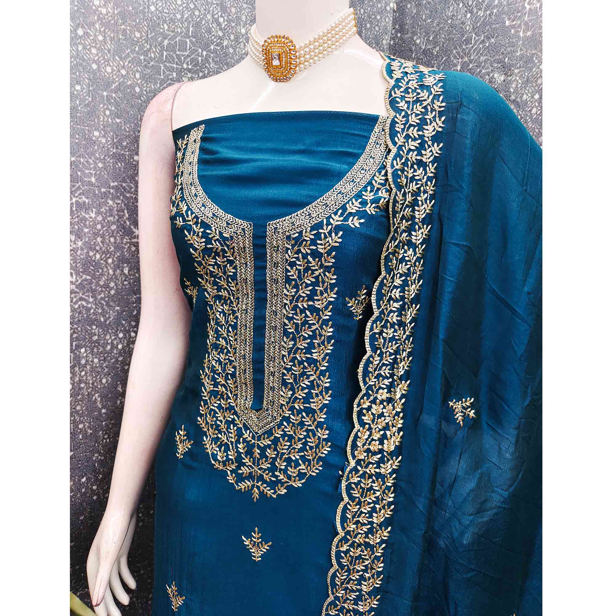 Elegant Morpich Blue Zari Embroidery & Sequins Embellished Vichitra Silk Dress Material - Image 4