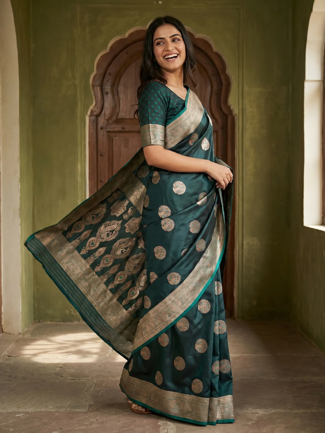 Elegant Morpich Green Satin Saree with Intricate Zari Weaving and Peacock Motif