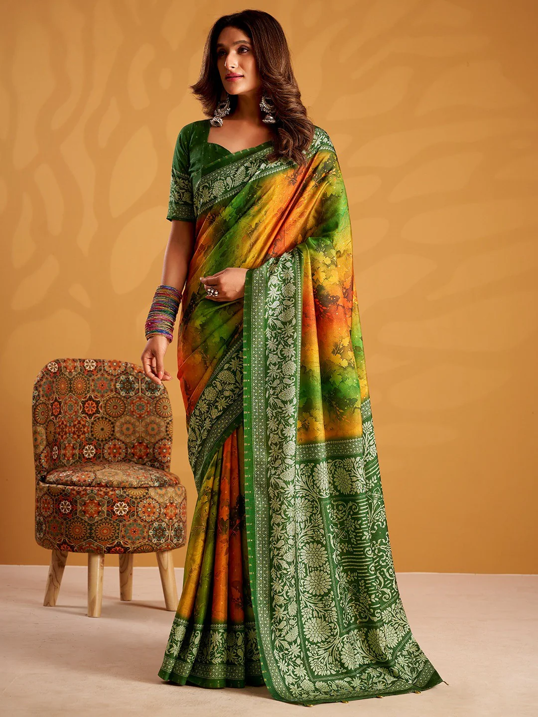 Elegant Multicolor Tussar Silk Saree With Digital Floral Print