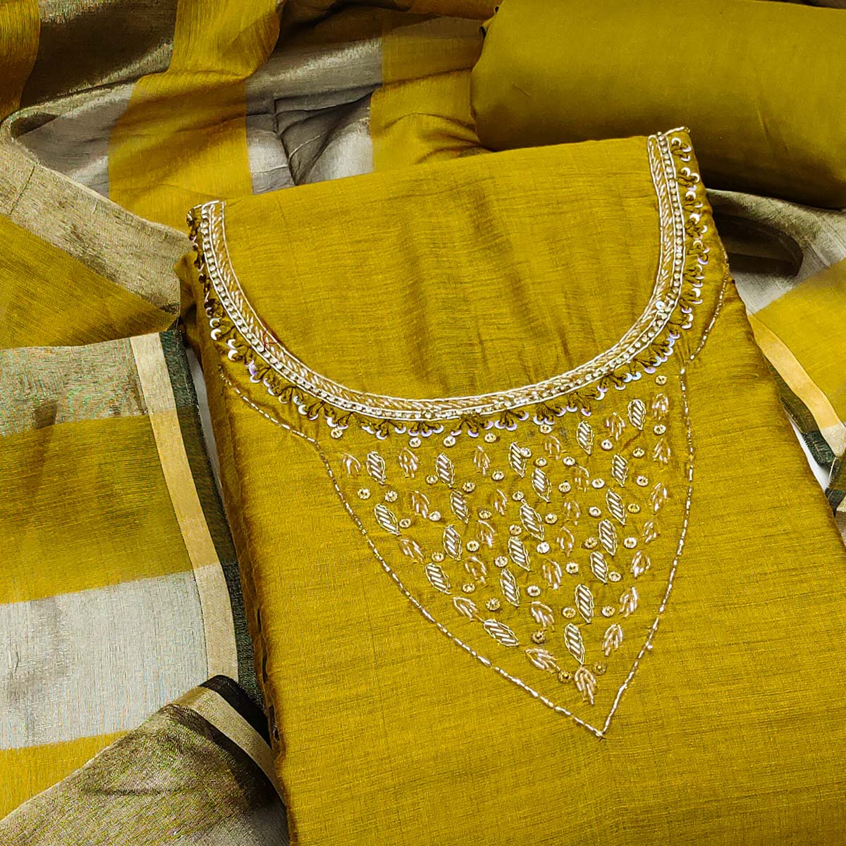 Elegant Mustard Beads & Sequins Handwork Chanderi Cotton Dress Material With Weaving Striped Pattern - Image 2