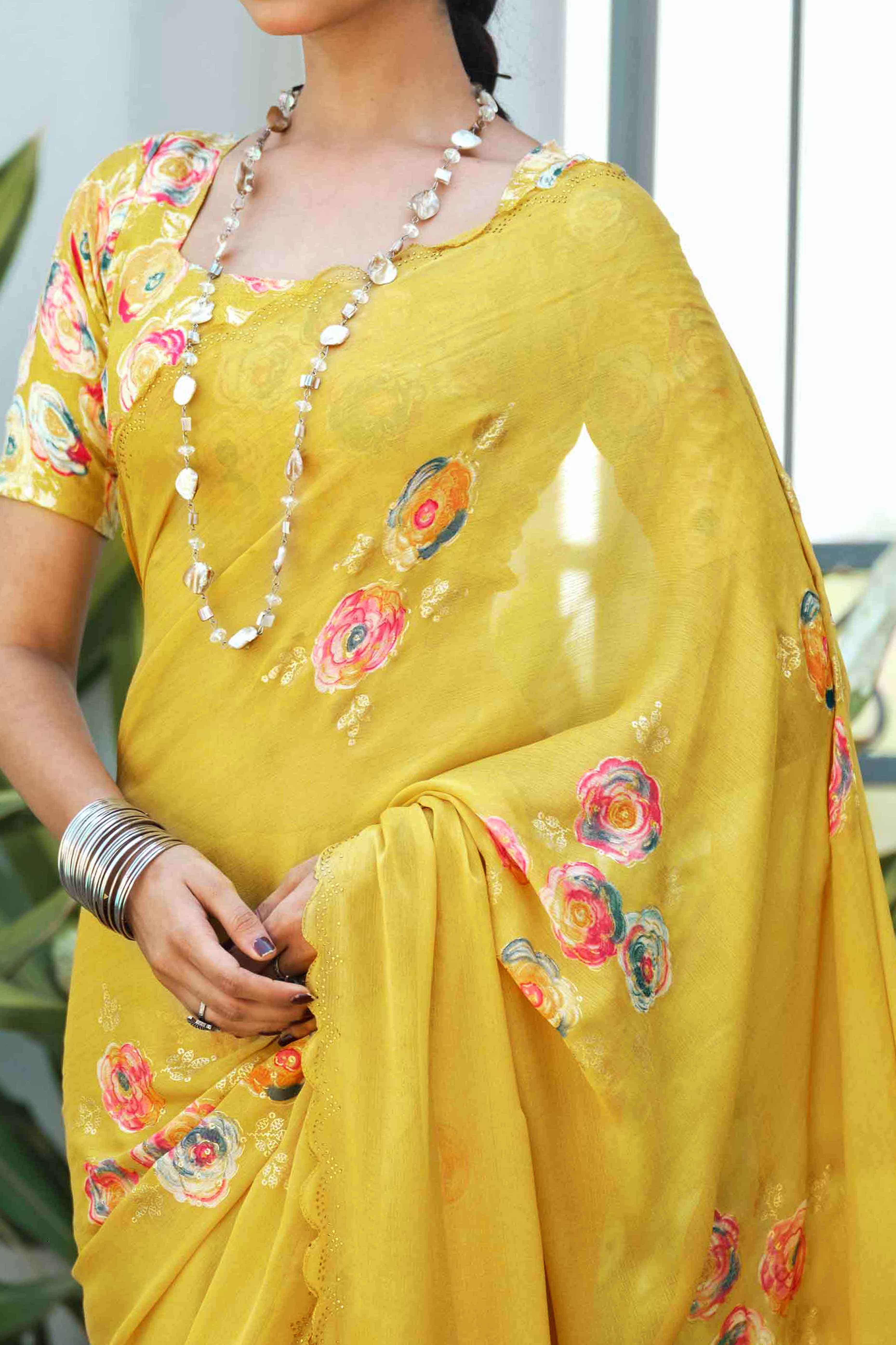 Elegant Mustard Chiffon Saree with Floral and Foil Print Detailing - Image 2