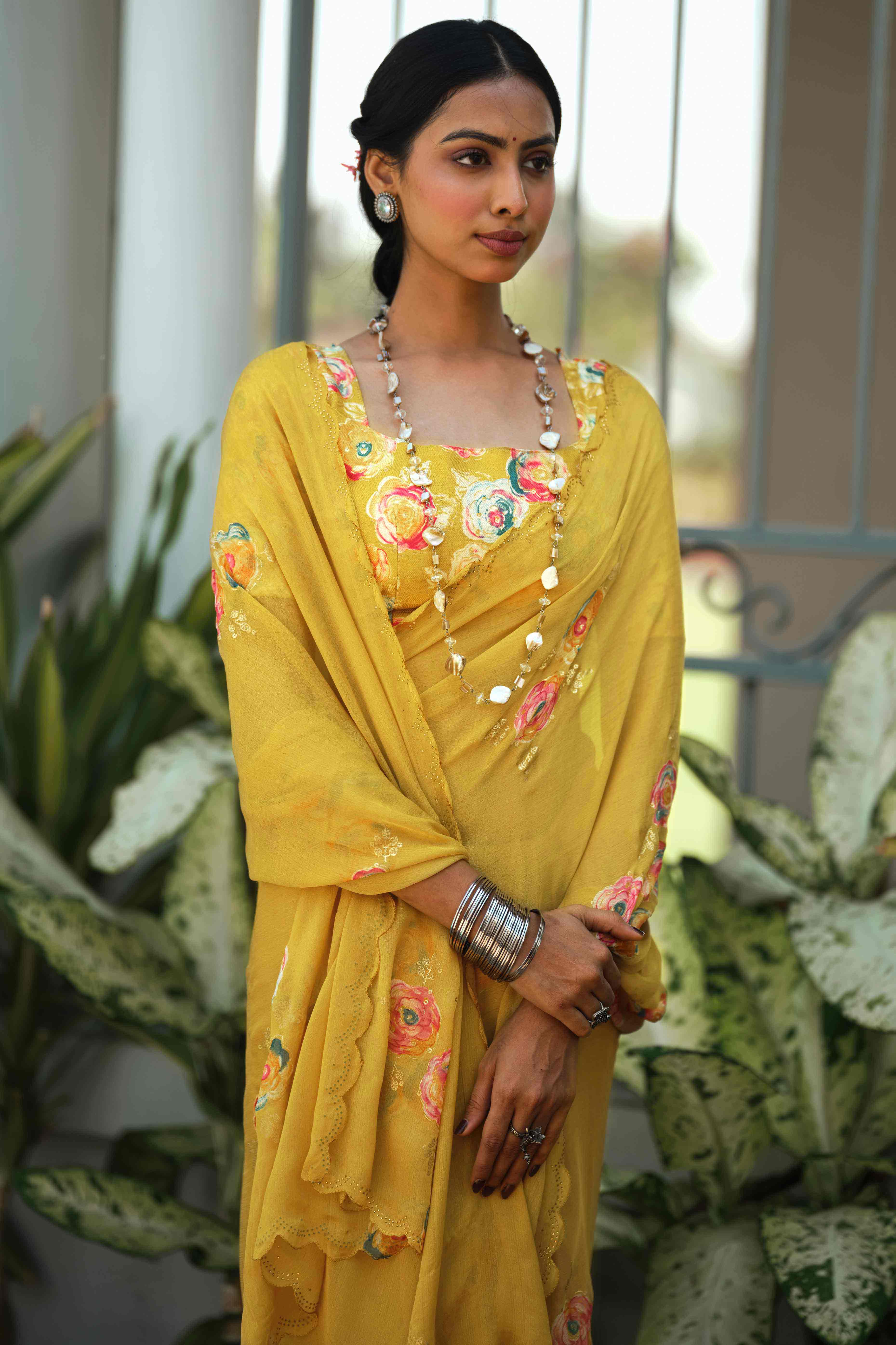 Elegant Mustard Chiffon Saree with Floral and Foil Print Detailing - Image 4