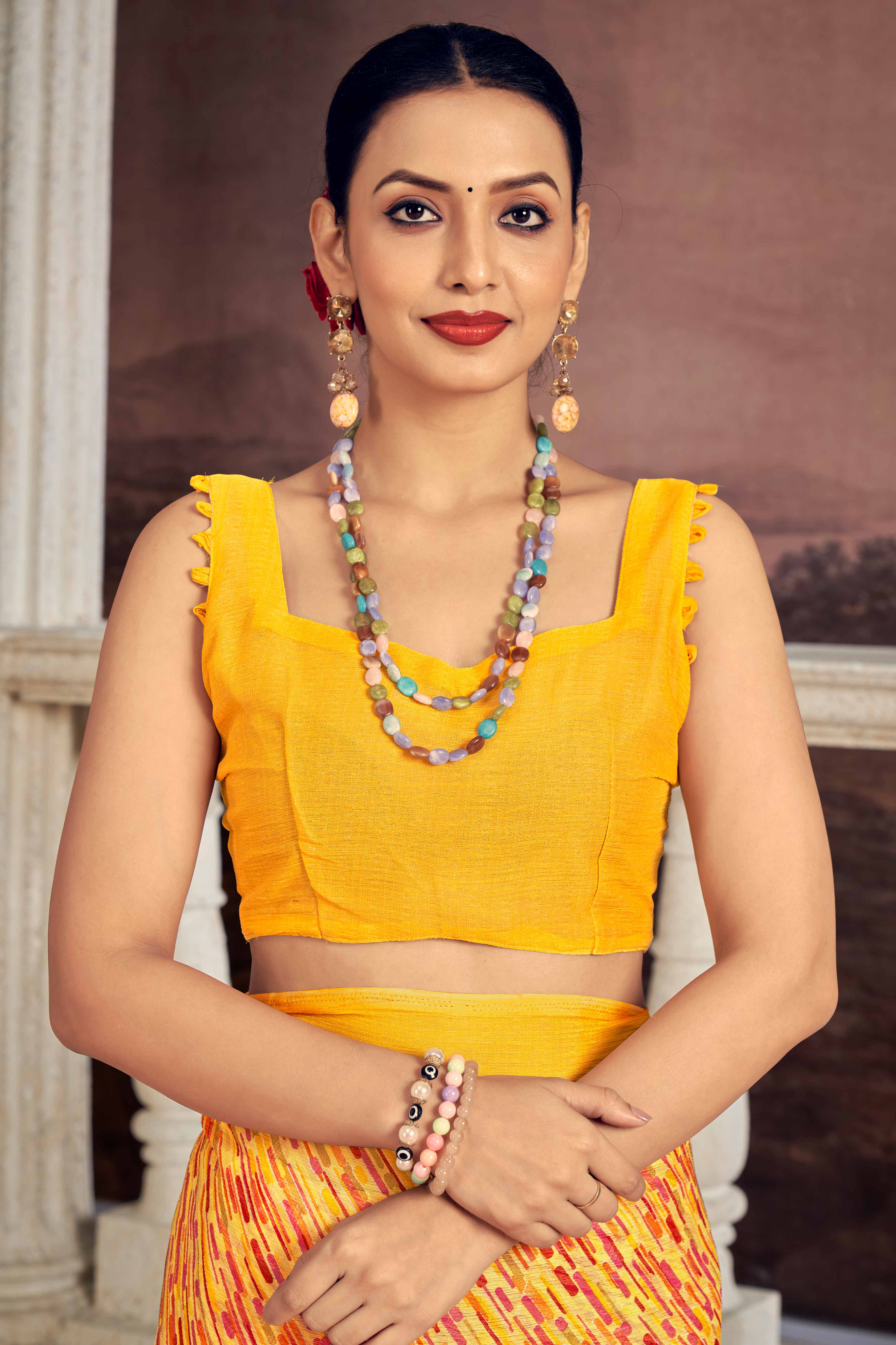 Elegant Mustard Chiffon Saree With Stylish Print - Image 3