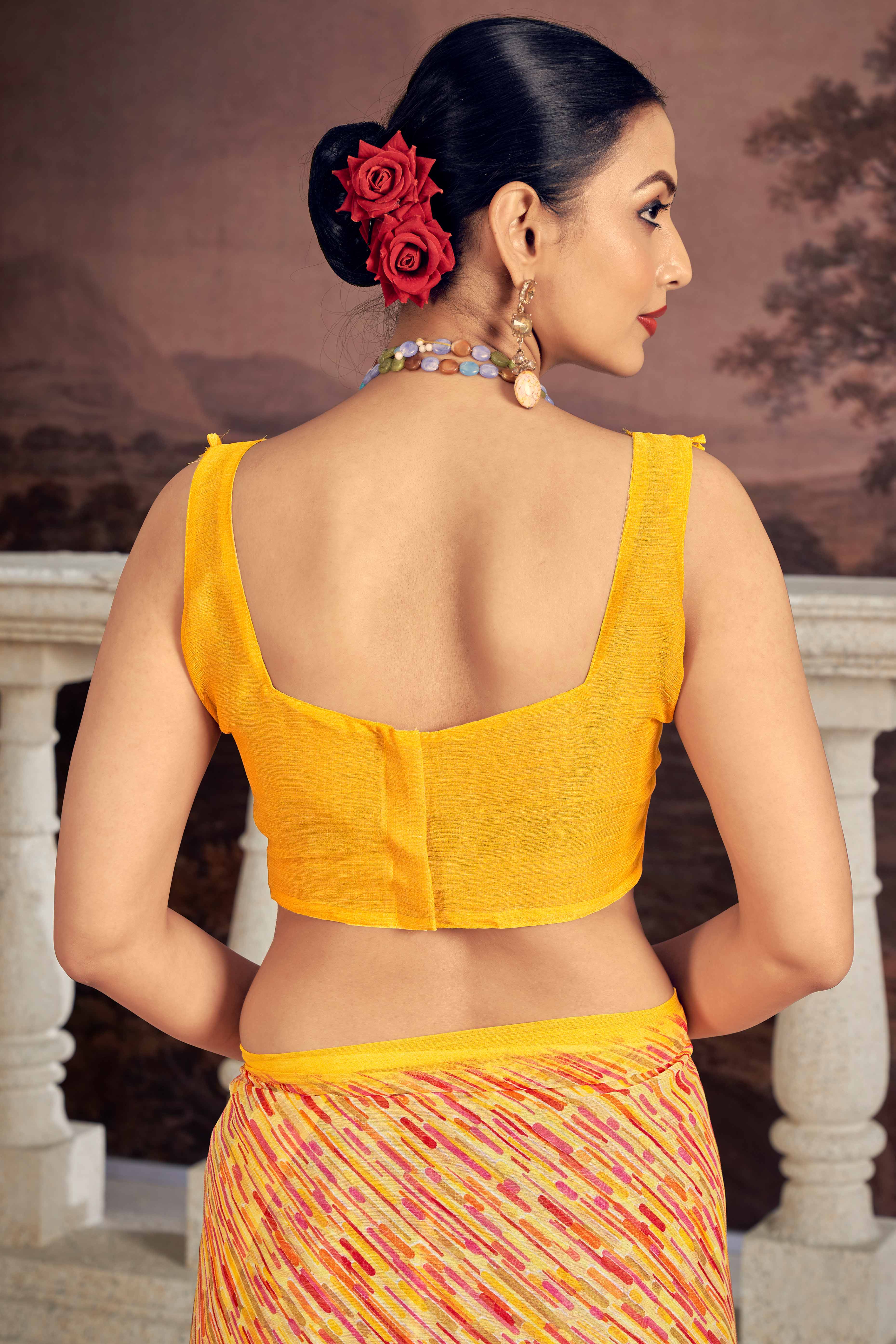 Elegant Mustard Chiffon Saree With Stylish Print - Image 4