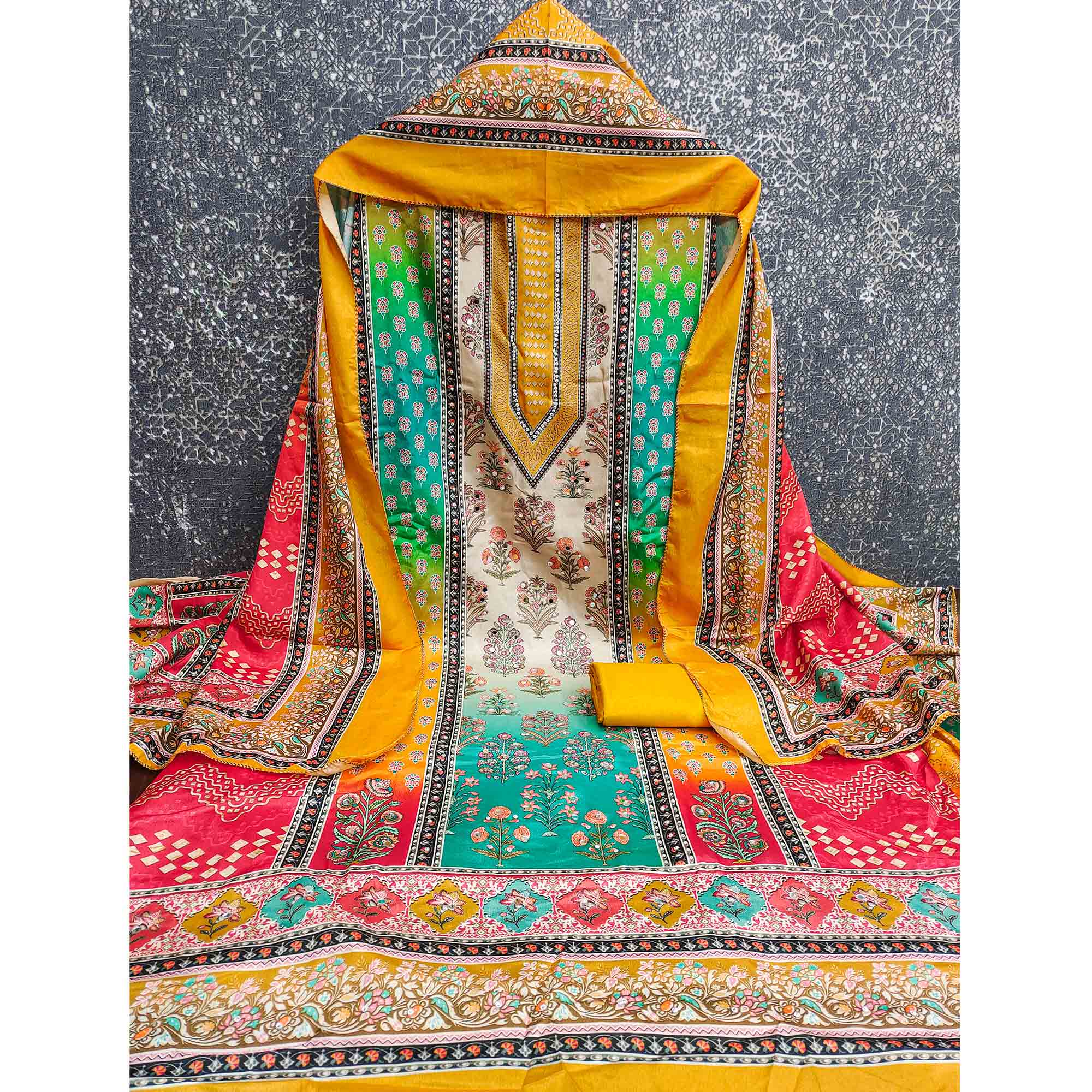 Elegant Mustard Floral Digital Printed Crepe Dress Material With Mirror Work - Image 4