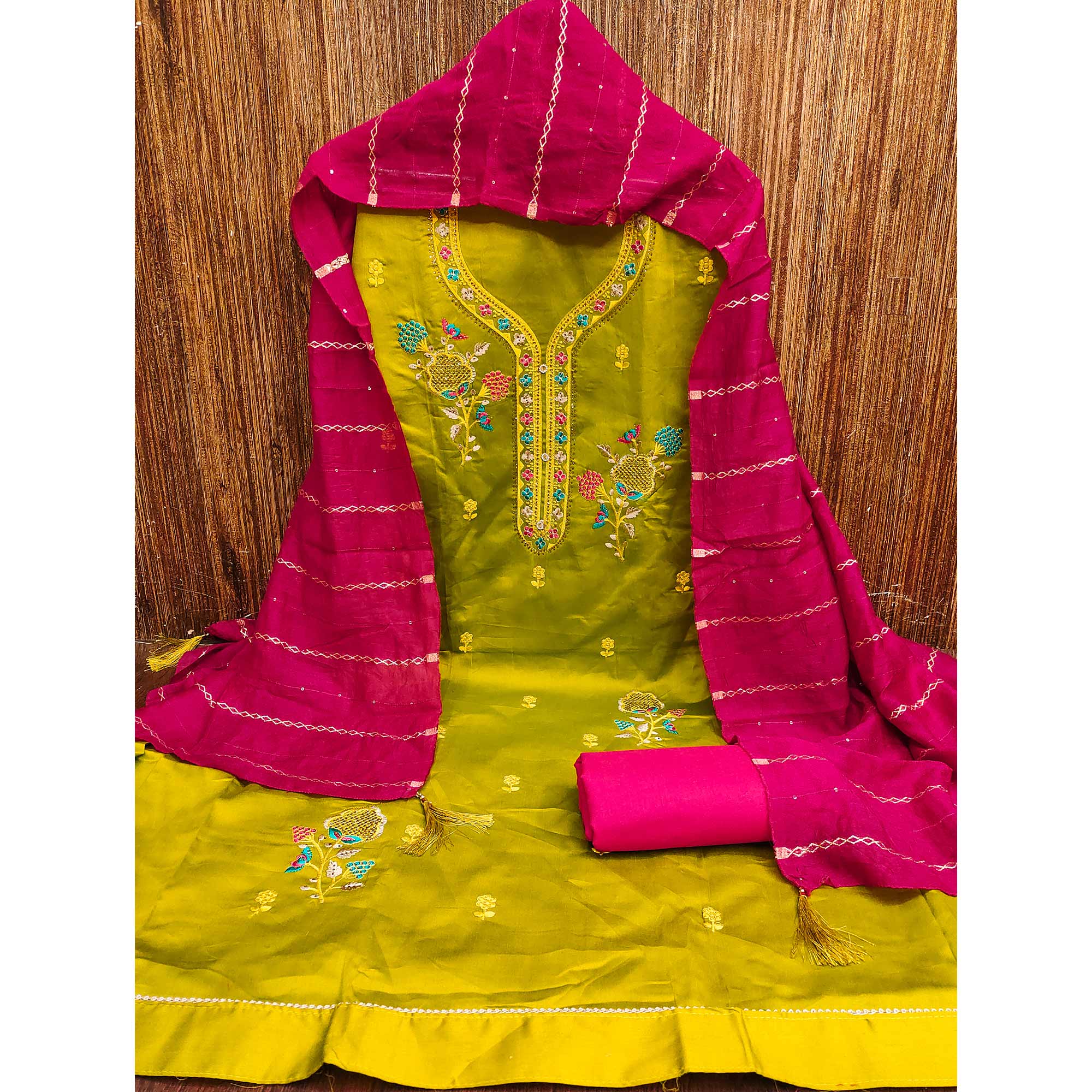 Elegant Mustard Floral Embroidered Cotton Dress Fabric for Custom Stitching - Image 3