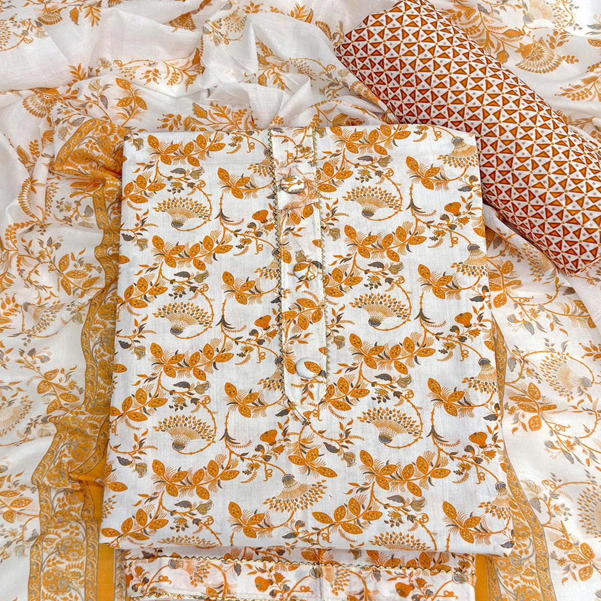 Elegant Mustard Floral Printed Pure Cotton Dress Material With Tie Neck & Fancy Button - Image 2