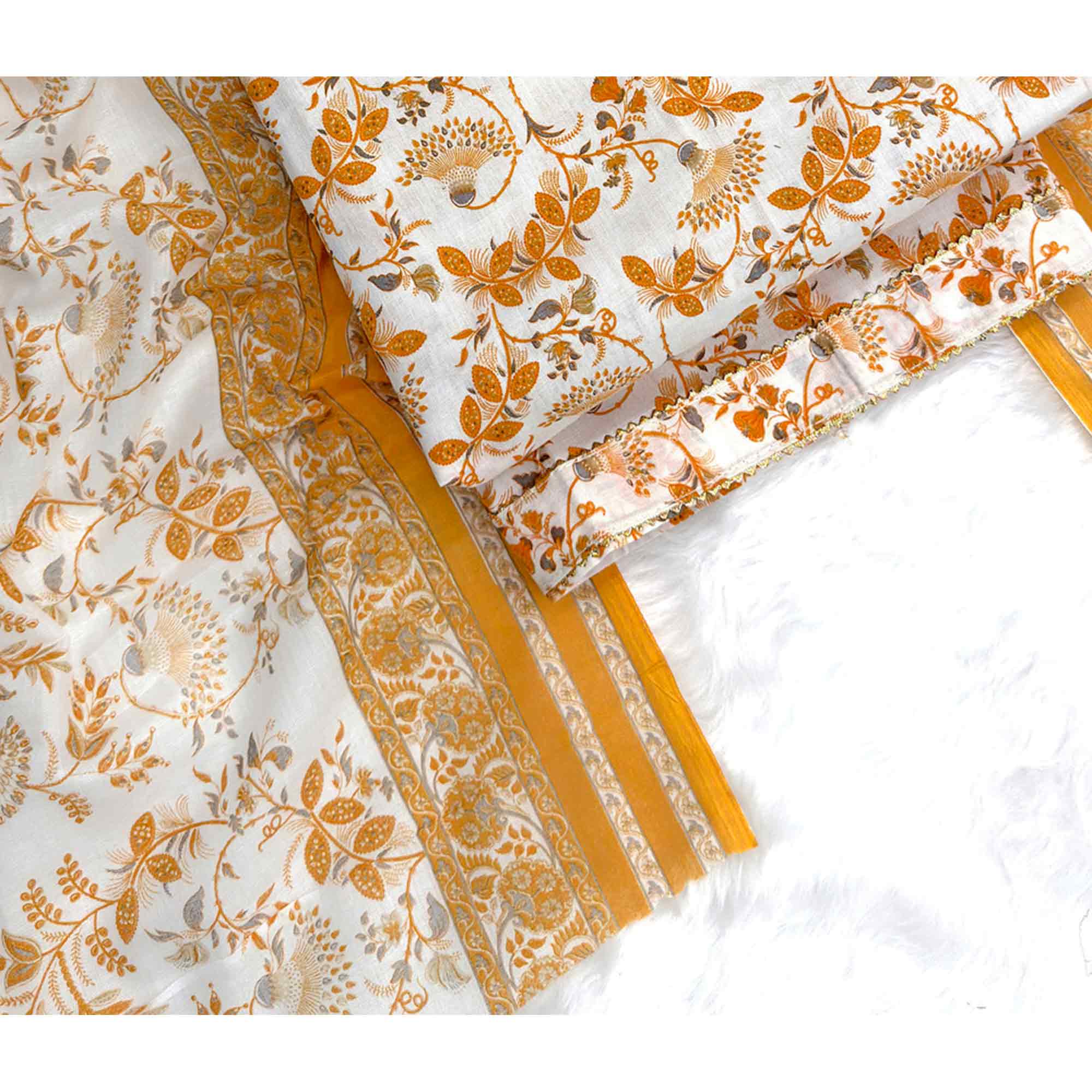 Elegant Mustard Floral Printed Pure Cotton Dress Material With Tie Neck & Fancy Button - Image 5