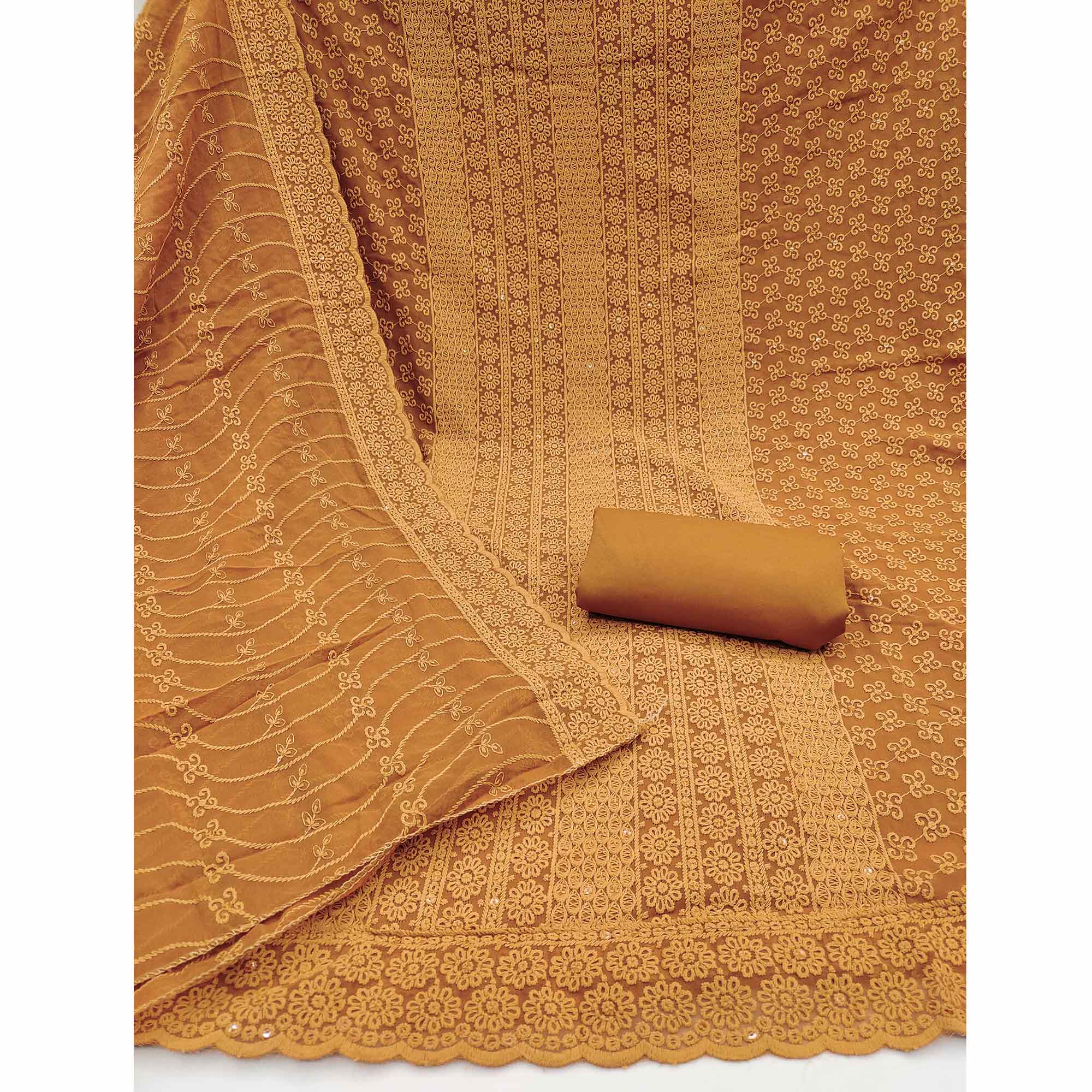 Elegant Mustard Floral Thread Embroidered With Sequins Work Georgette Dress Material - Image 3
