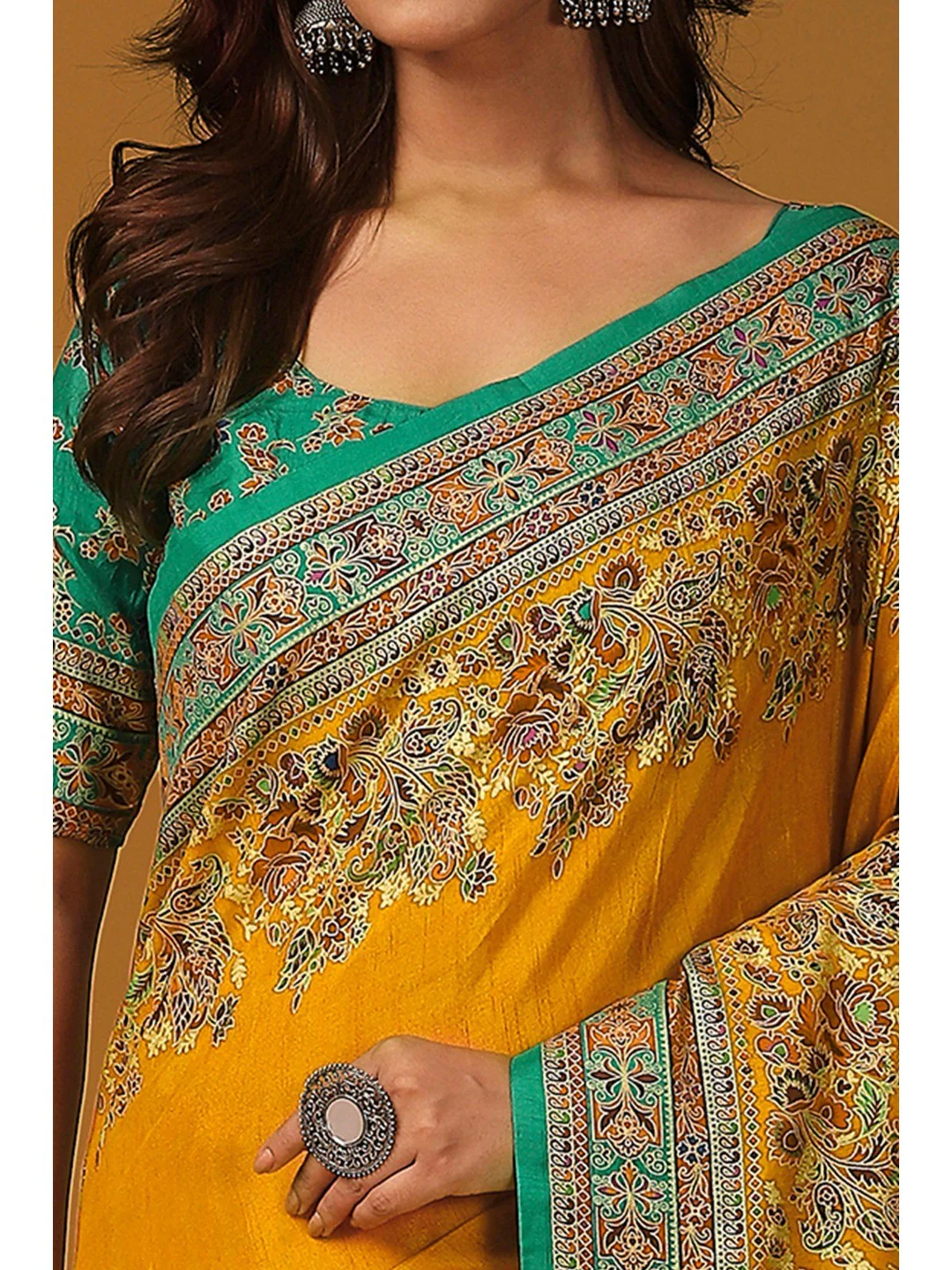 Elegant Mustard Pure Viscose Dola Saree Adorned With Floral & Paisley Position Prints - Image 2