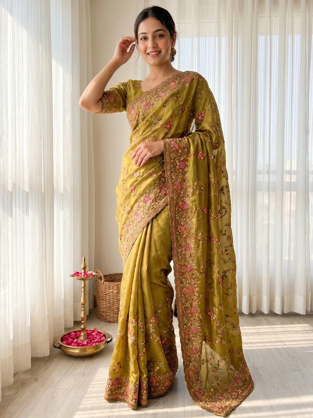 Elegant Mustard Satin Saree with Intricate Thread Work Embroidery