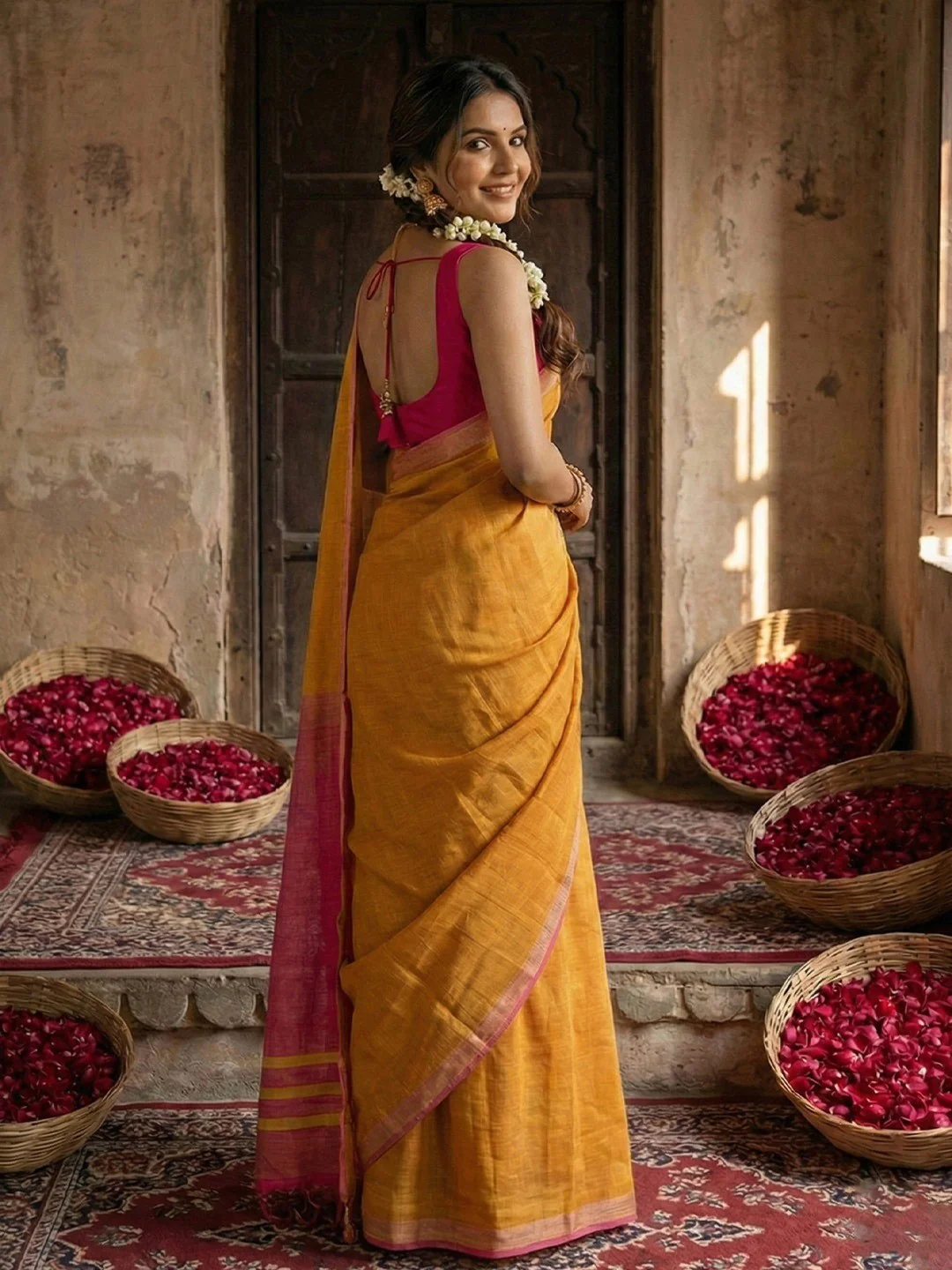 Elegant Mustard Solid Cotton Blend Saree Highlighted By Woven Border & Tassel Pallu - Image 2