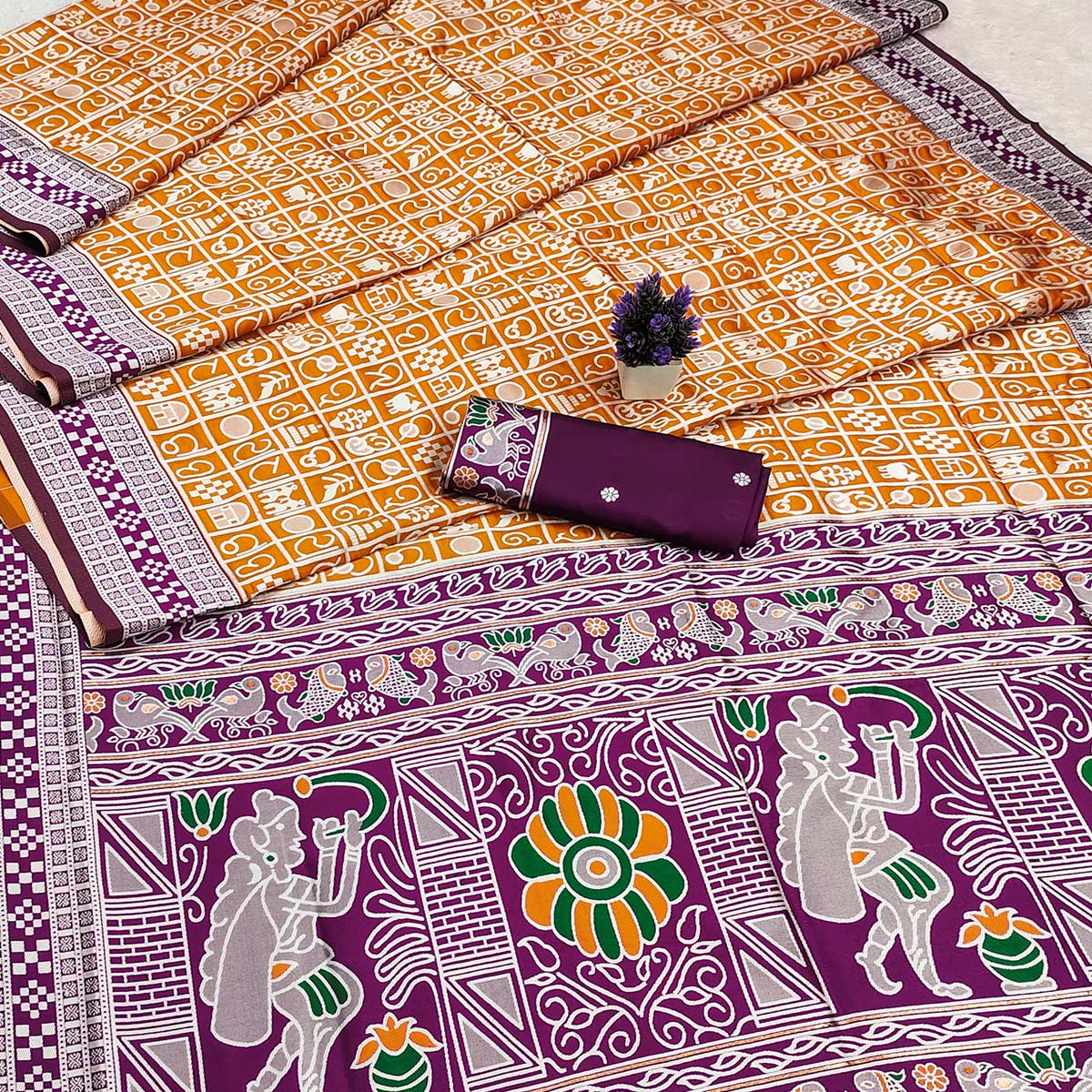 Elegant Mustard Weaving Cotton Silk Saree Accented With Detailed Madhubani Folk Art Work - Image 2